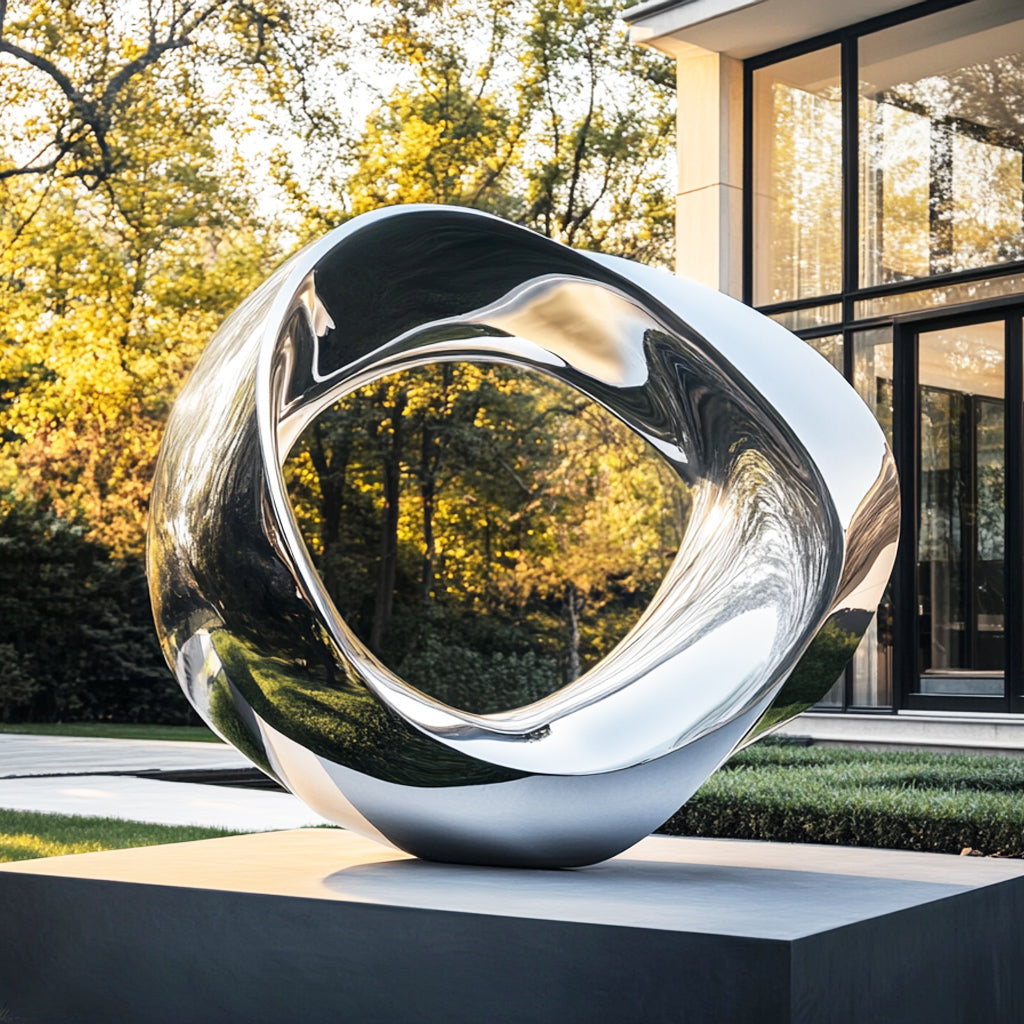 Modern stainless steel sculpture mirror finish in front of a house with trees in the background