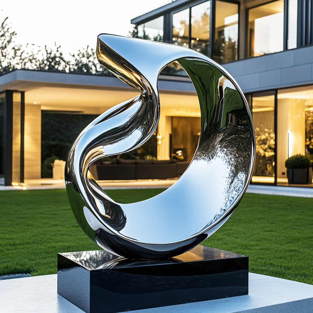 Abstract stainless steel sculpture with black base in front of a modern building