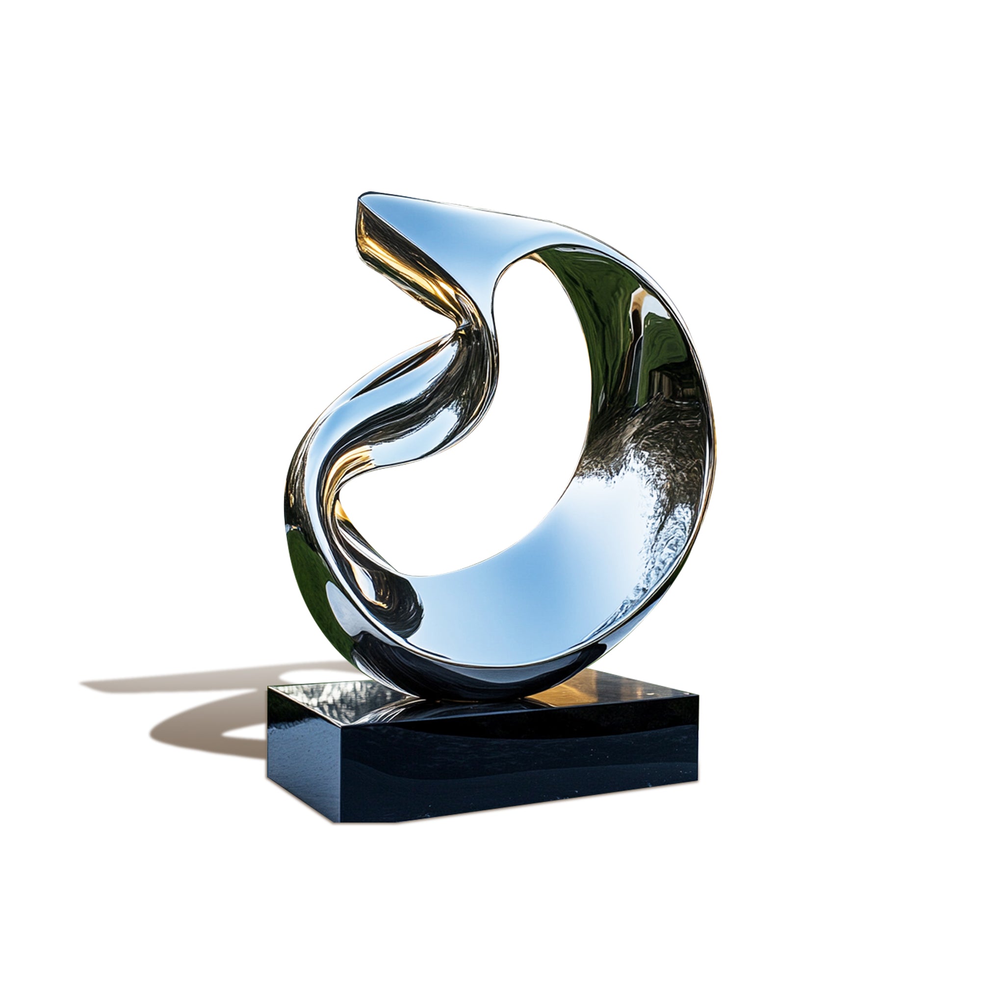 Abstract metal sculpture on a black base against a white background