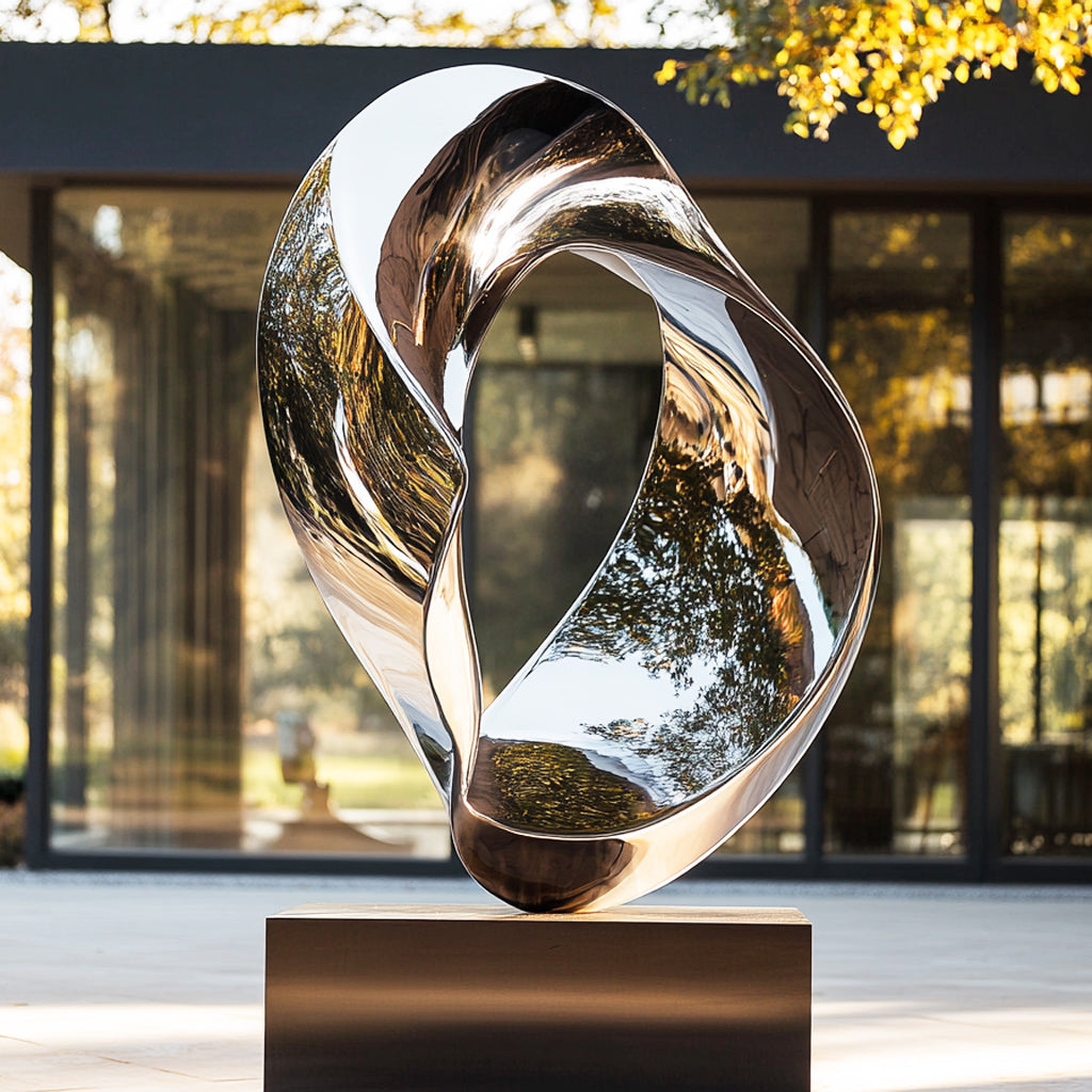 Modern abstract stainless steel sculpture in front of a building with large windows