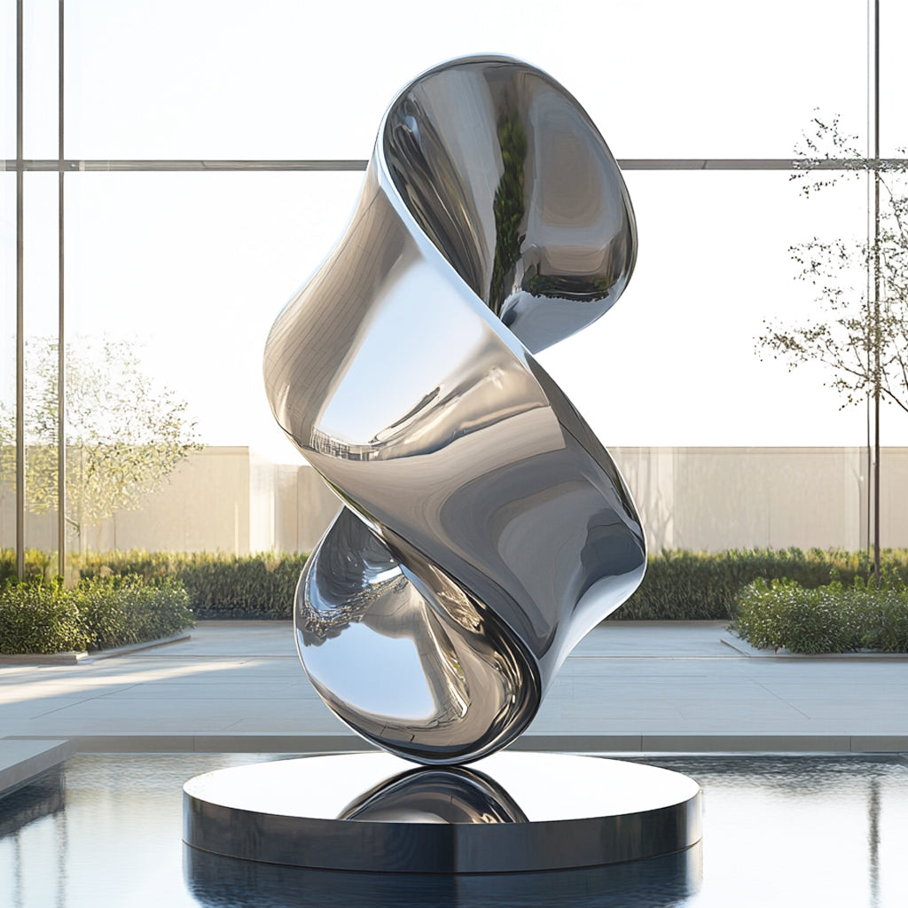 Modern stainless steel sculpture in a reflective pool with a blurred outdoor background
