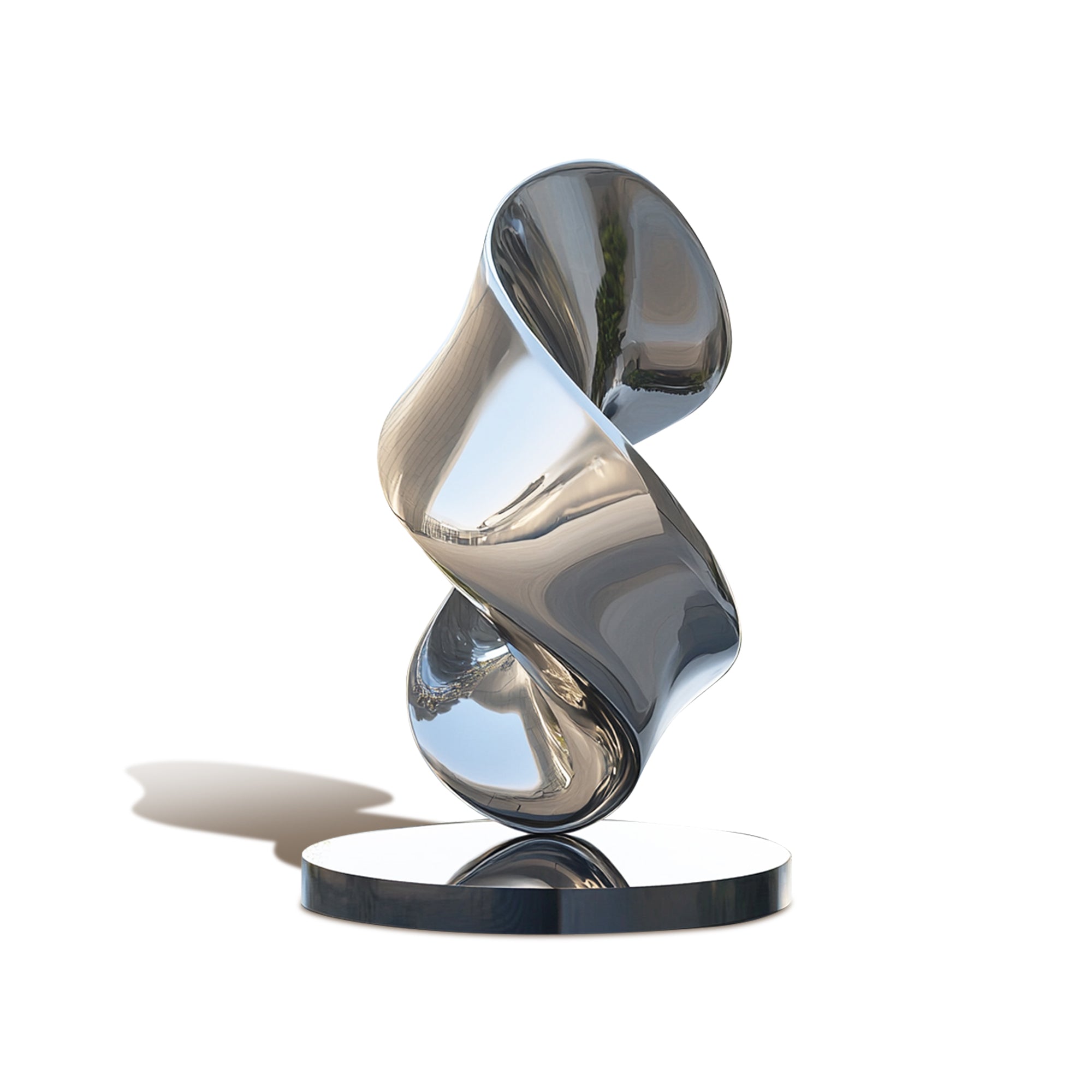Modern stainless steel sculpture with a round base on a white background