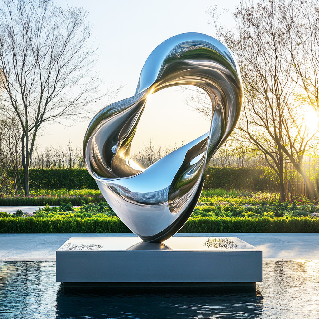Abstract metal sculpture by a body of water with trees in the background