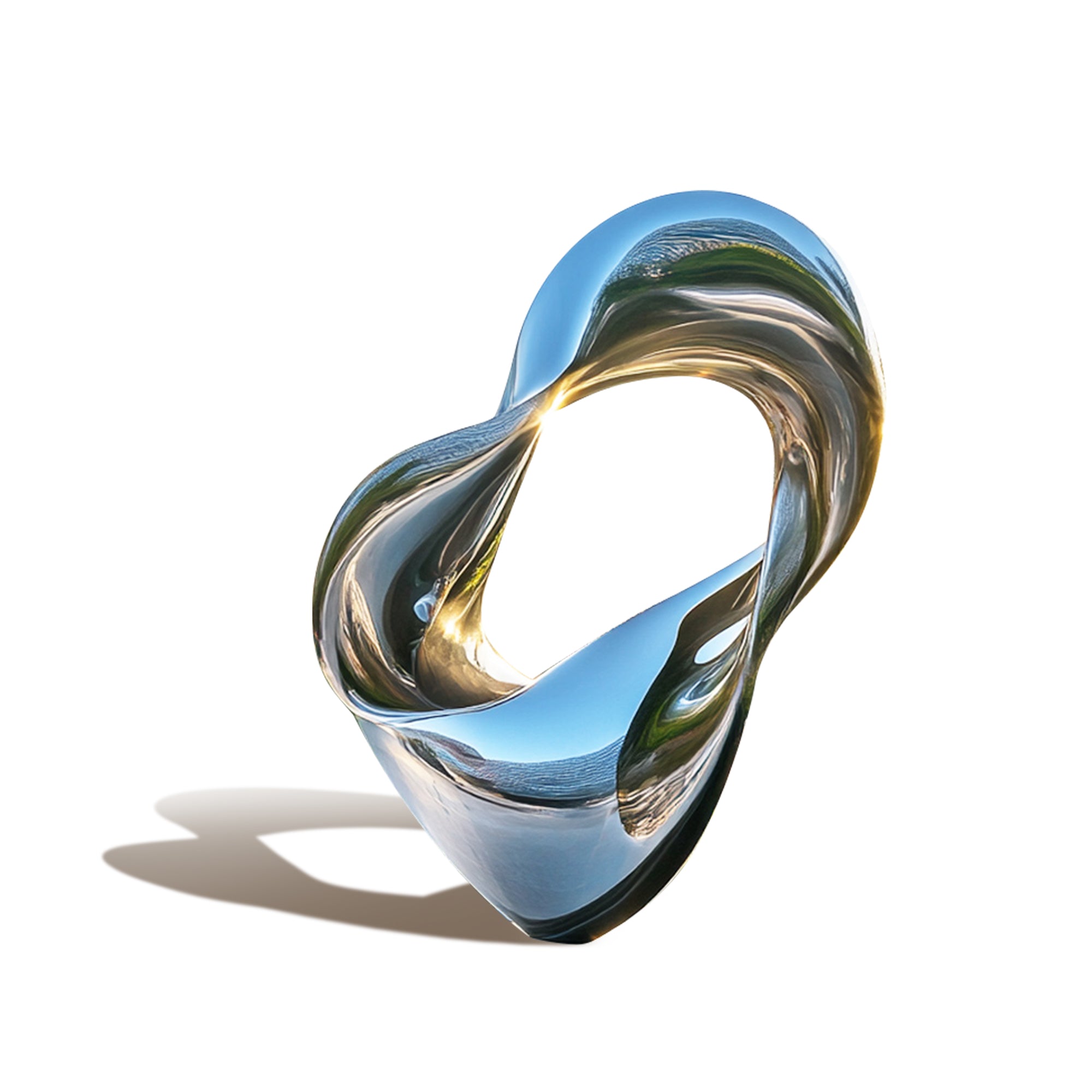 Abstract glass sculpture with wavy design on a white background