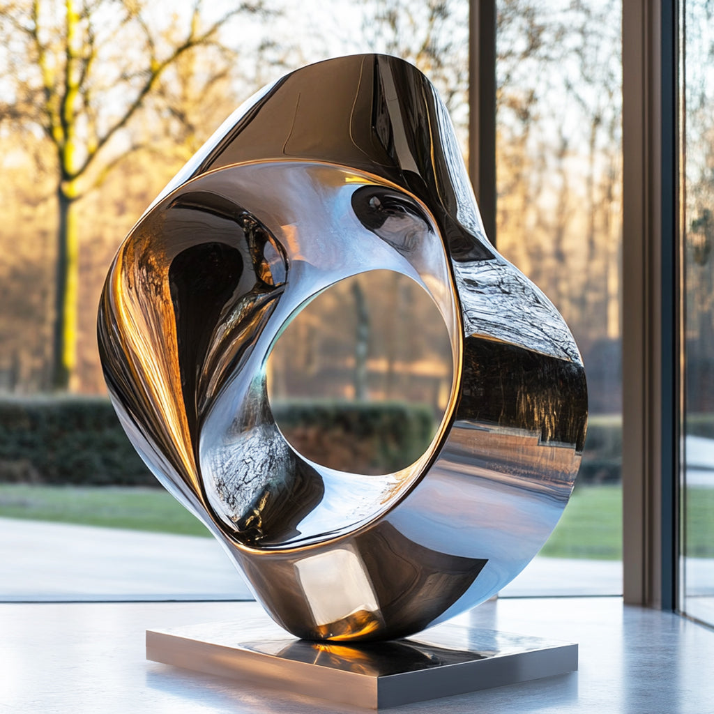 Modern abstract sculpture with reflective surface in a room with large windows