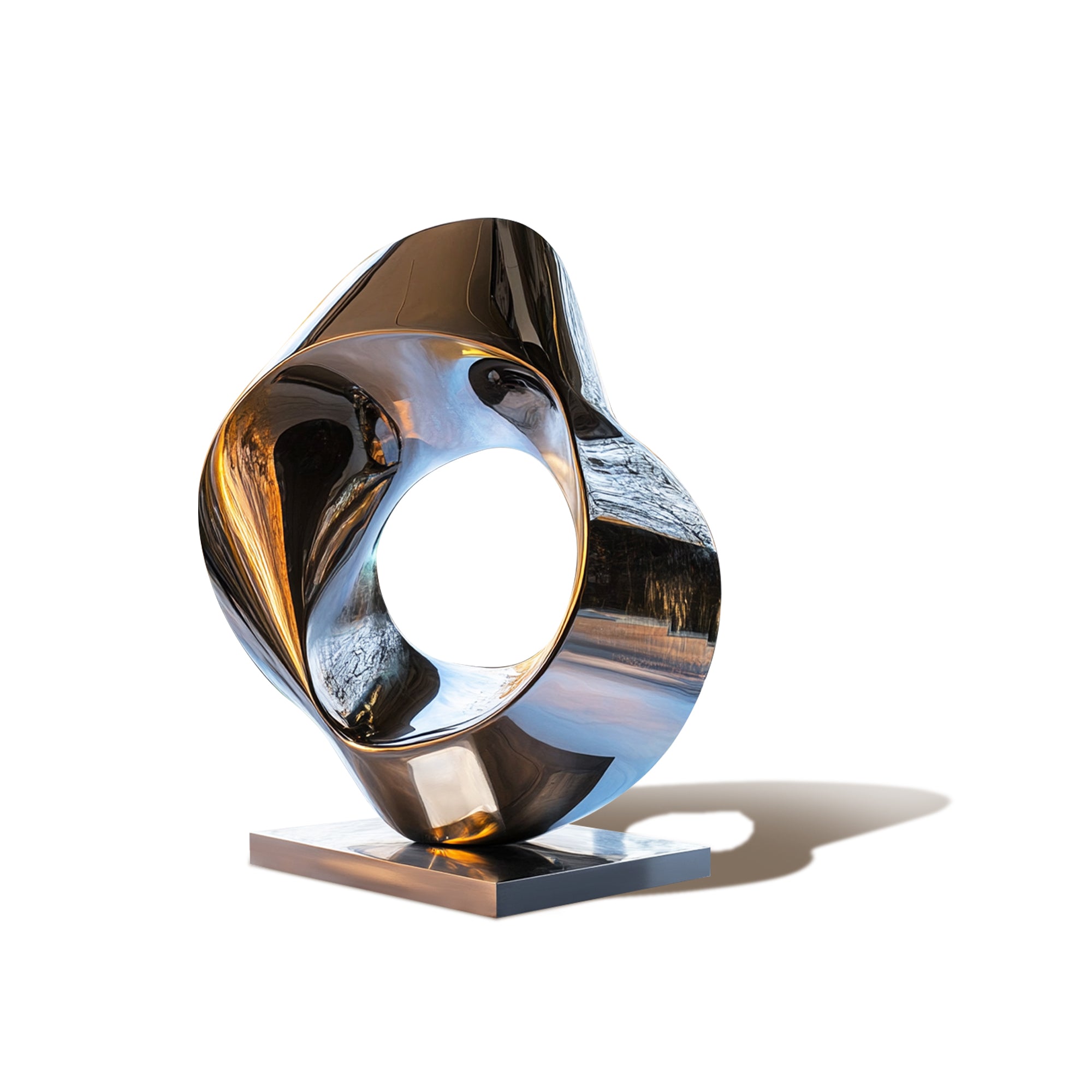Modern abstract sculpture with reflective surface on a white background