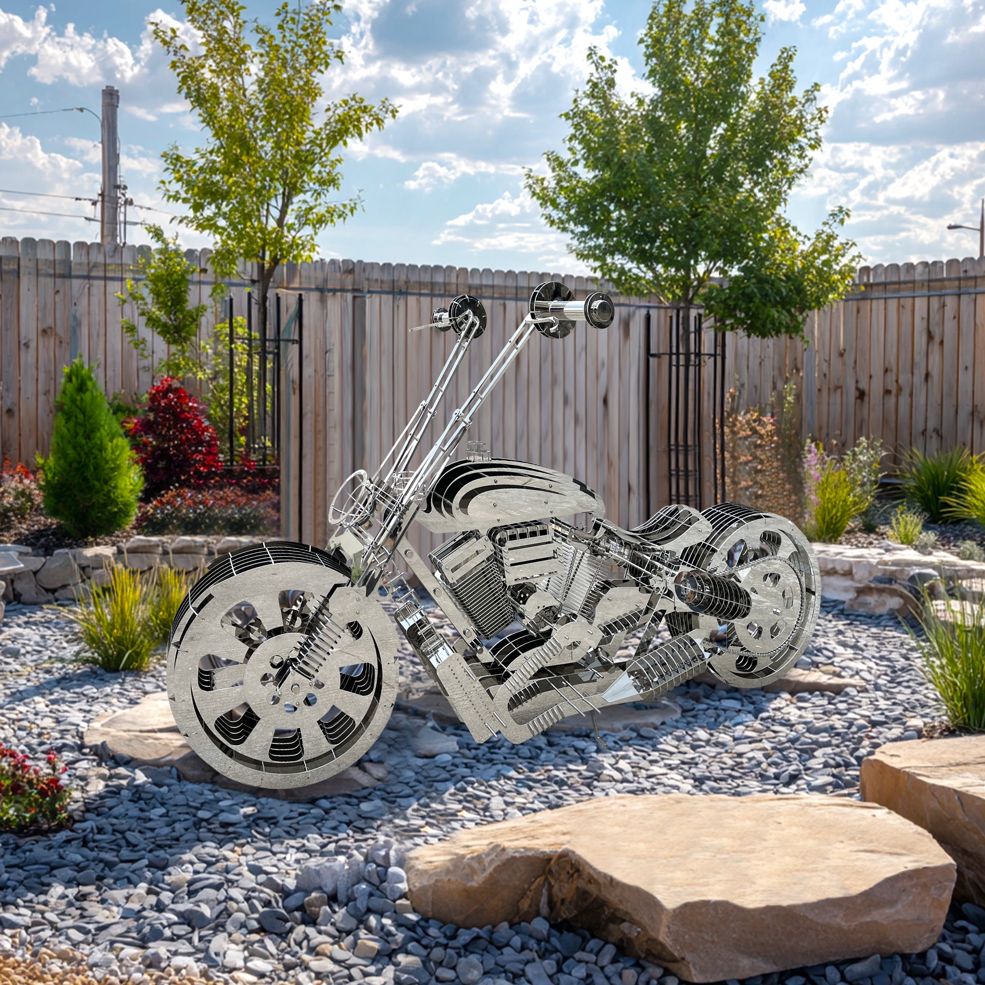 Polished stainless steel motorcycle sculpture displayed in a modern rock garden landscape