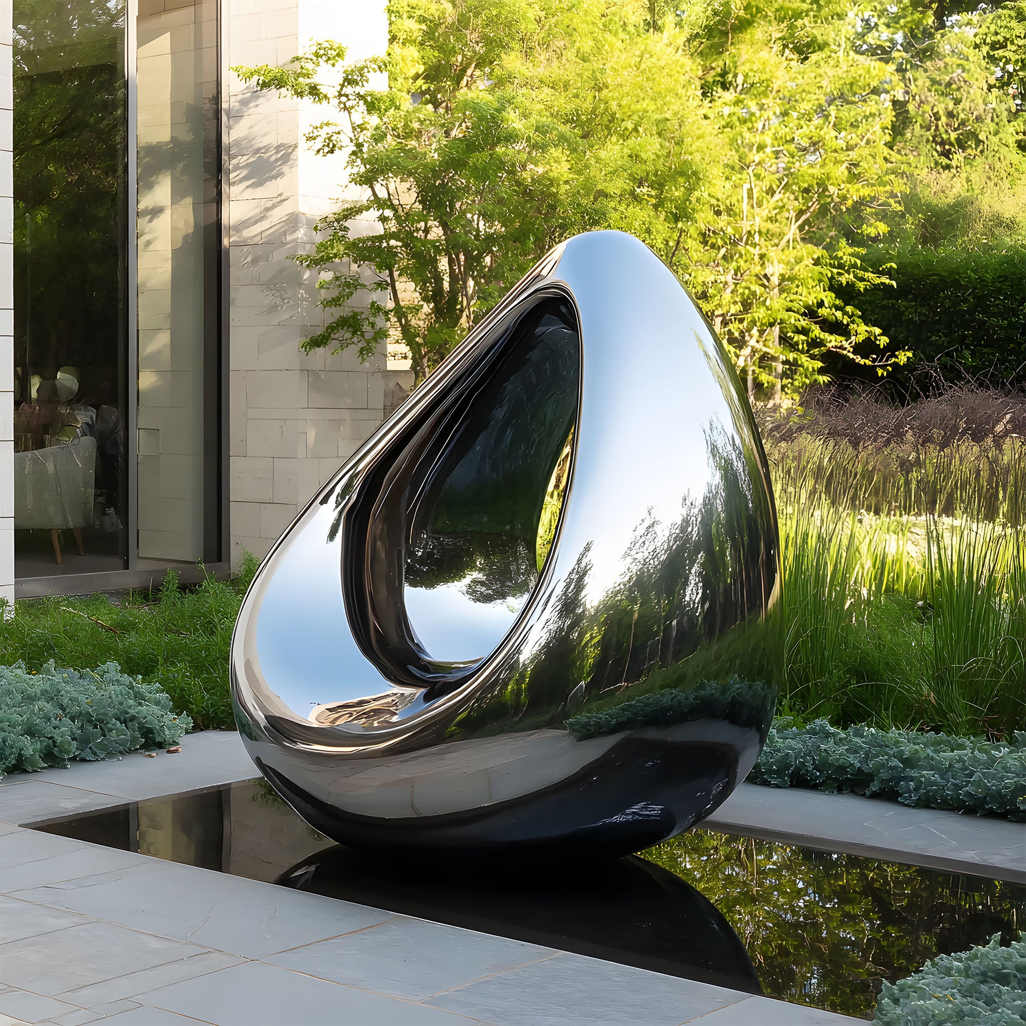 Elegant polished stainless steel abstract sculpture with smooth, flowing curves, reflecting its surroundings, placed in a luxury garden setting.