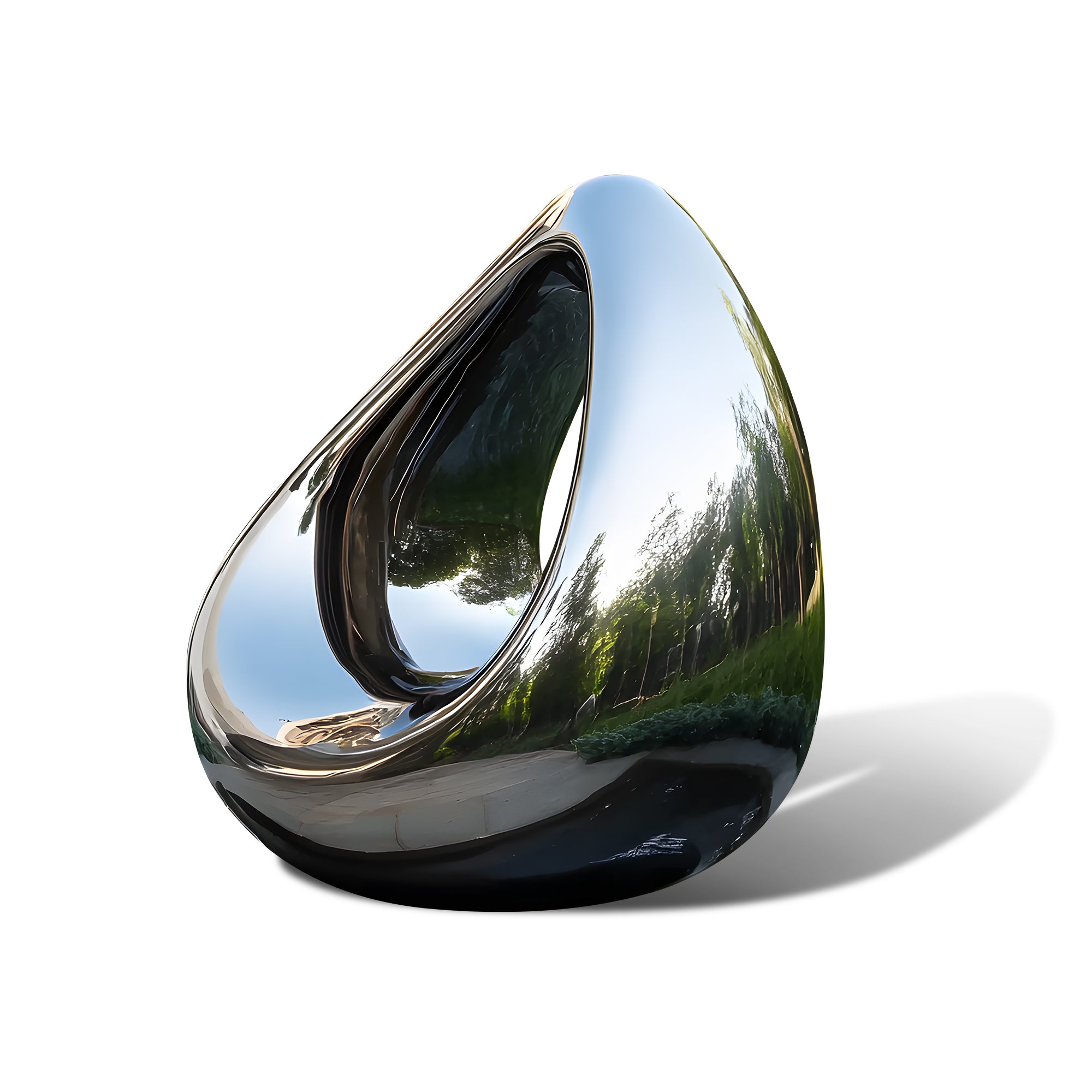 Elegant polished stainless steel abstract sculpture with smooth, flowing curves, reflecting its surroundings