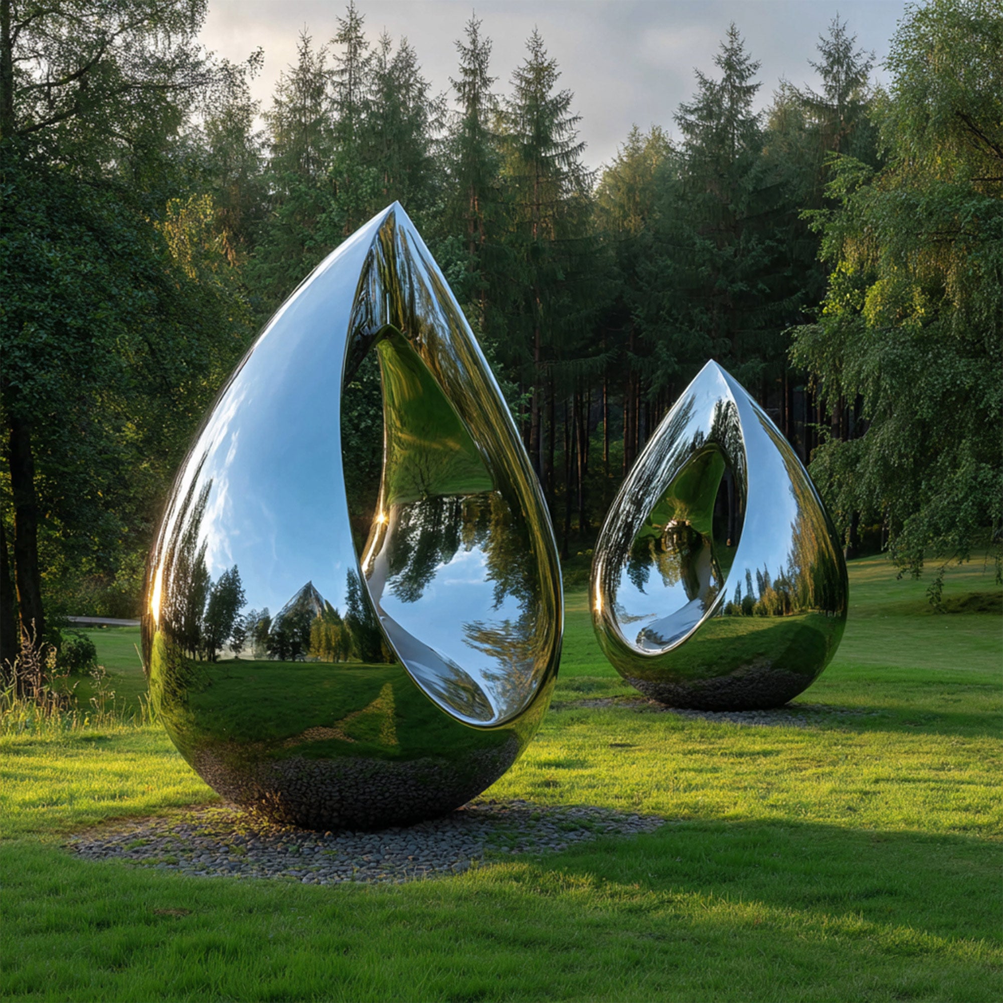 Two large stainless steel drop-shaped sculptures in a park setting with trees in the background.