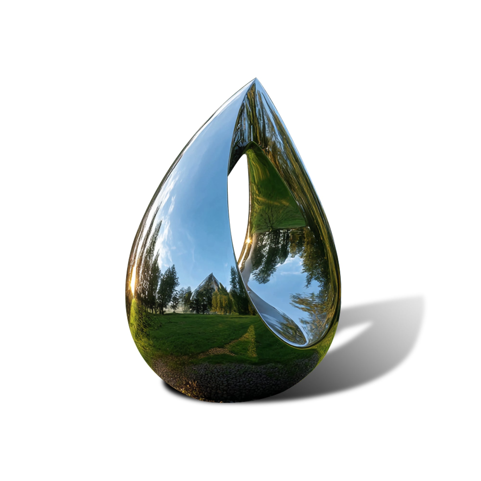 Teardrop-shaped reflective stainless steel sculpture with a scenic reflection on a white background