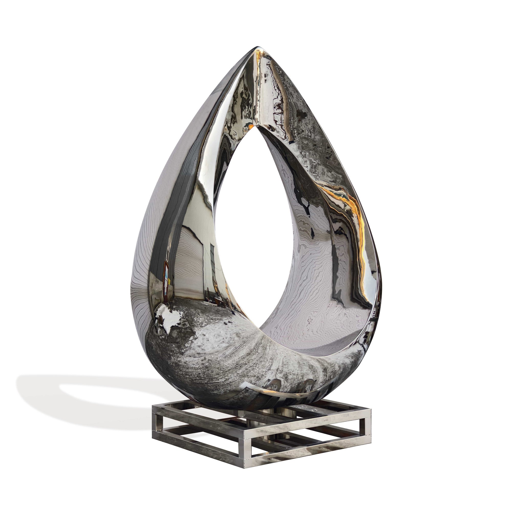 Mirror polished stainless steel teardrop abstract sculpture side view outdoor modern metal art