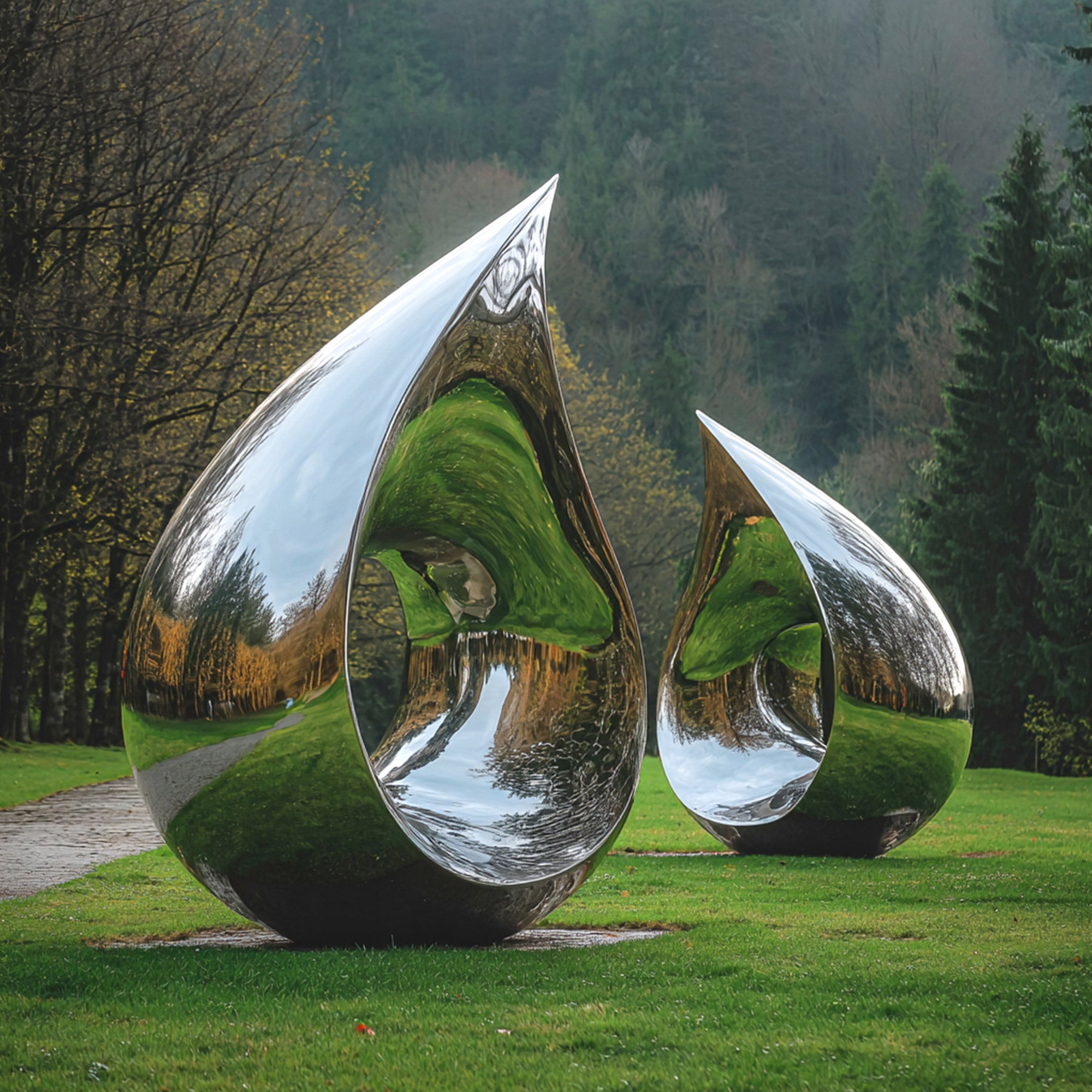 Two large, reflective metal sculptures shaped like teardrops in a park setting.