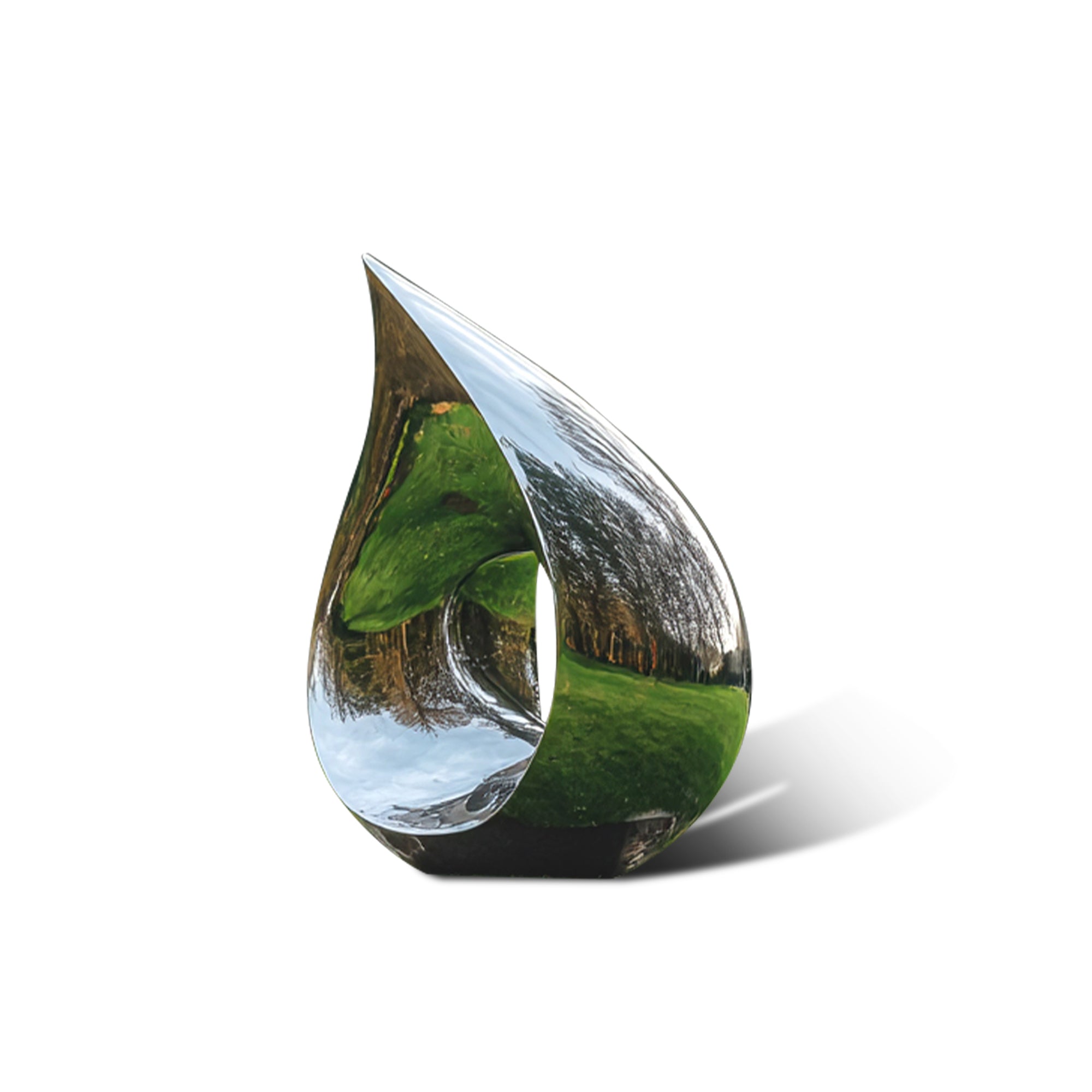 Teardrop-shaped stainless steel sculpture with reflective surface showing landscape