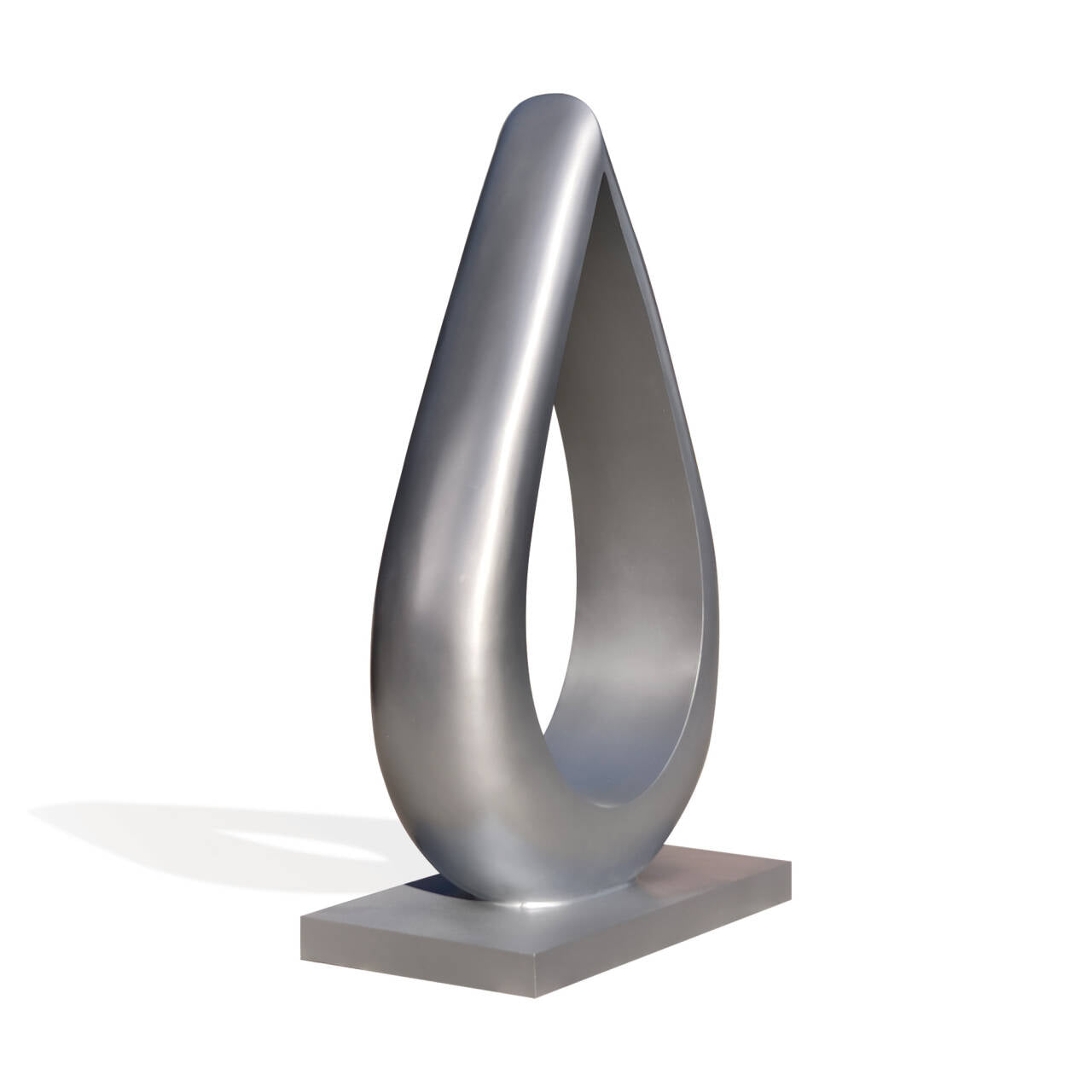 Abstract stainless steel teardrop sculpture featuring a smooth painted silver finish, designed for outdoor yard, villa entrance, or luxury landscape spaces.