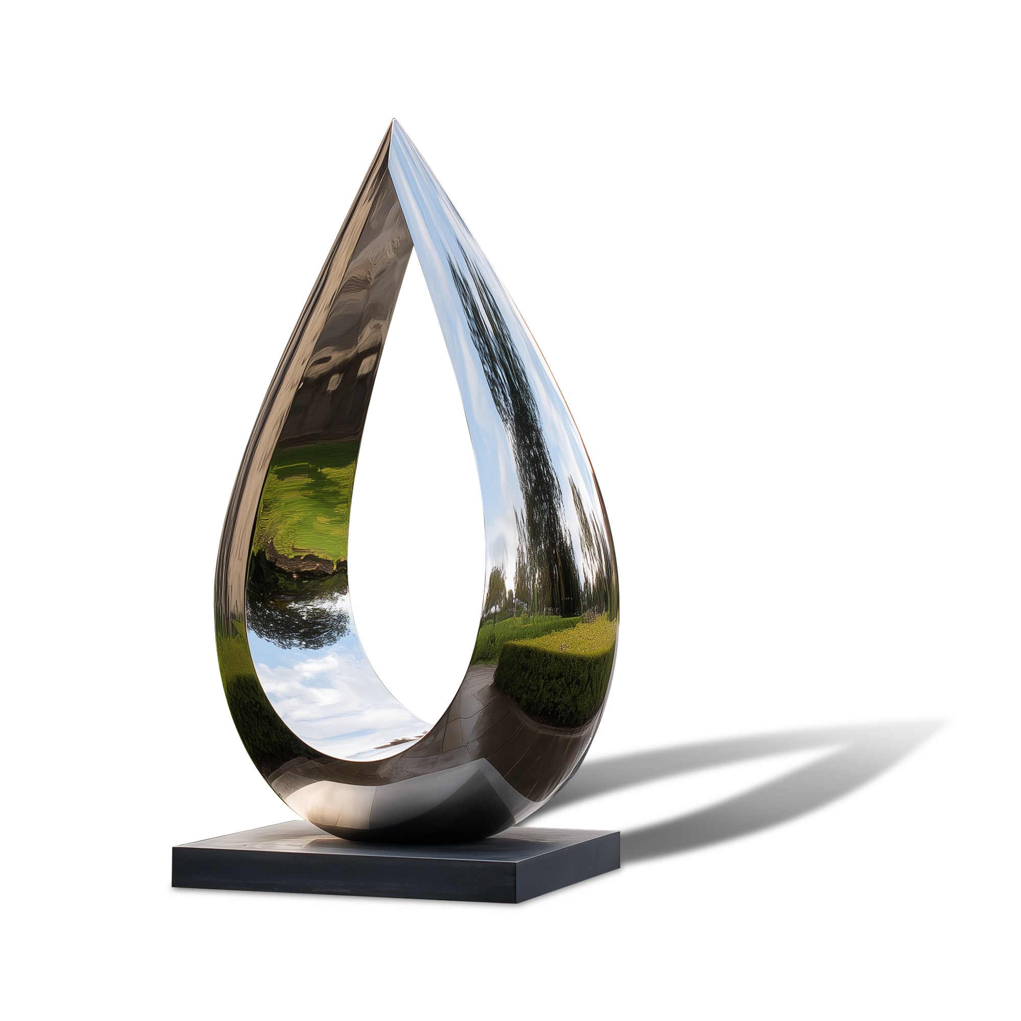 Sleek, reflective metal sculpture on a white background