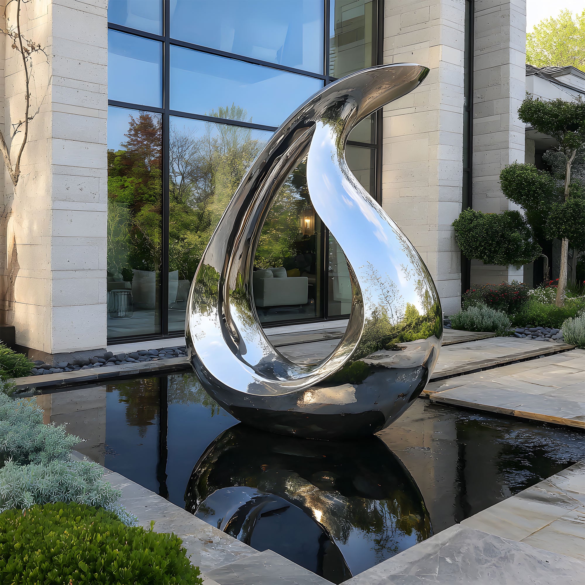 Modern stainless steel silver polished mirror finish sculpture on a reflective surface in front of a building