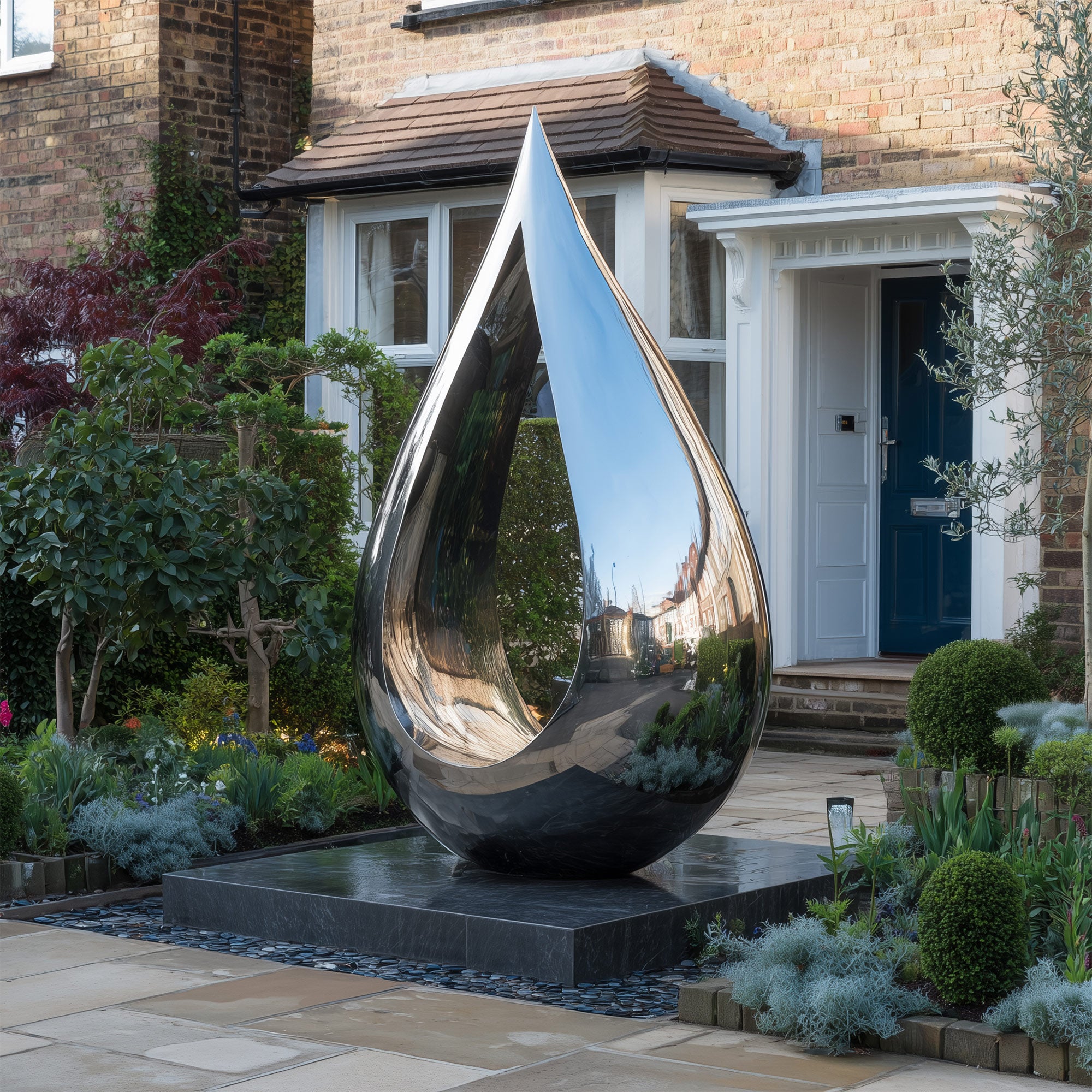 Large stainless steel teardrop sculpture in a garden setting with a house in the background