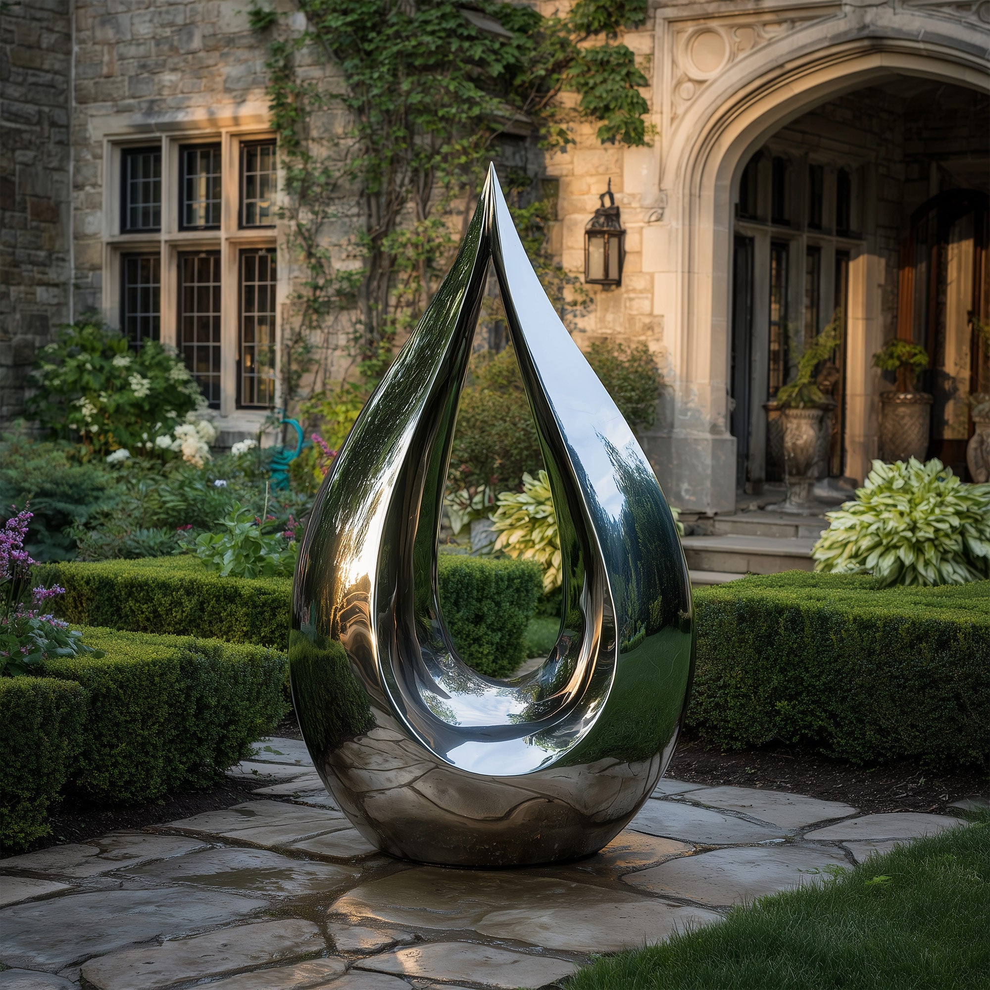 Large stainless steel sculpture resembling a teardrop in front of an elegant building with stone architecture.