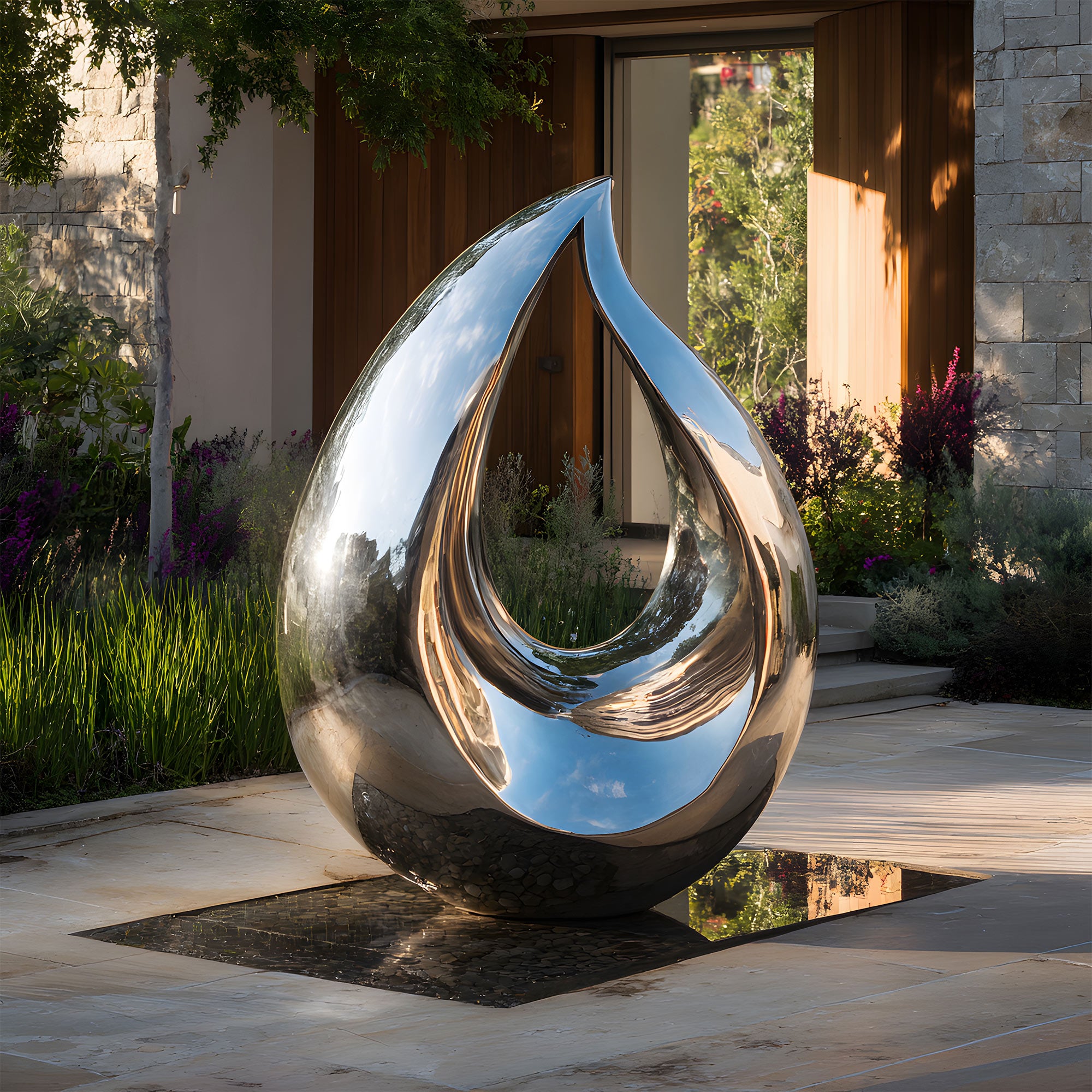 modern stainless steel sculpture shaped like a teardrop in an outdoor setting with plants and a building in the background.