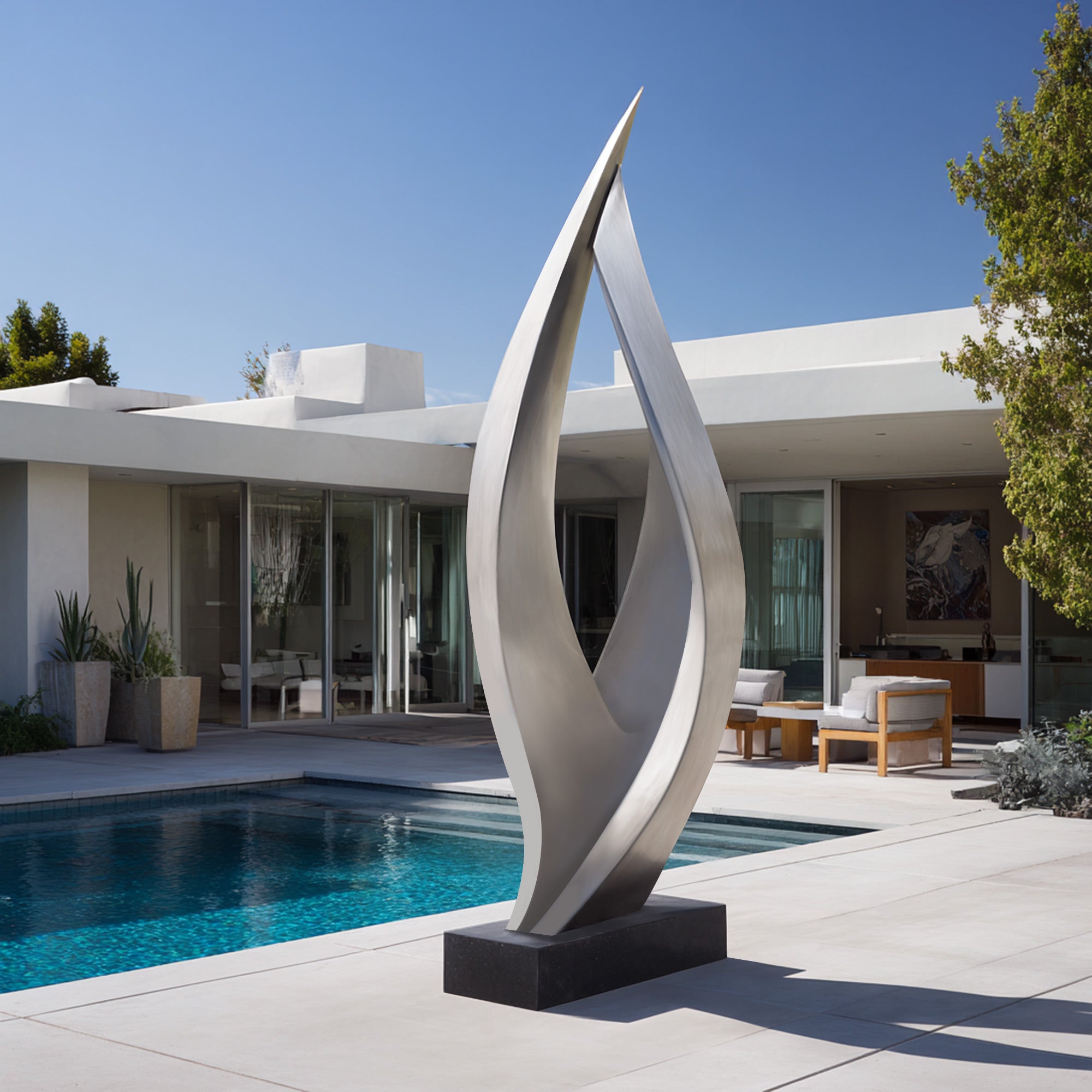 Modern stainless steel sculpture in front of a contemporary house with a pool