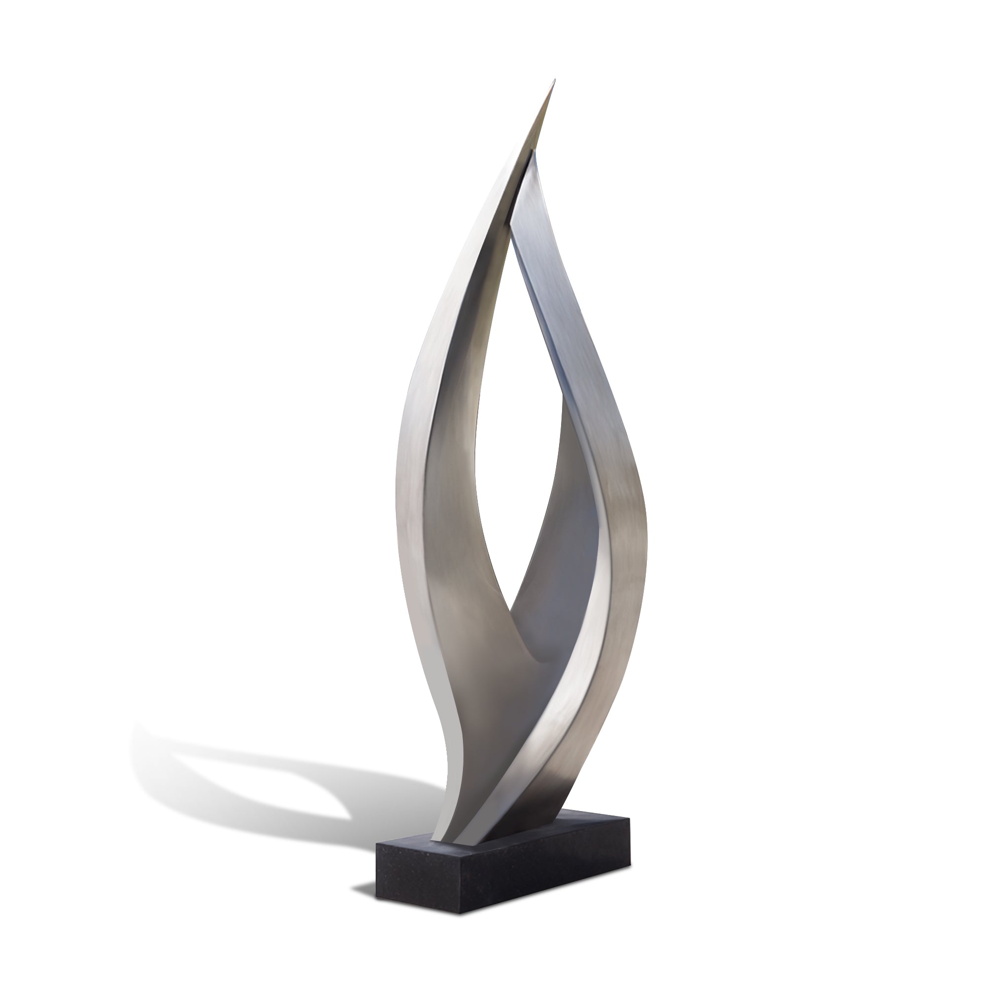Modern abstract stainless steel sculpture with curved metal design on a white background