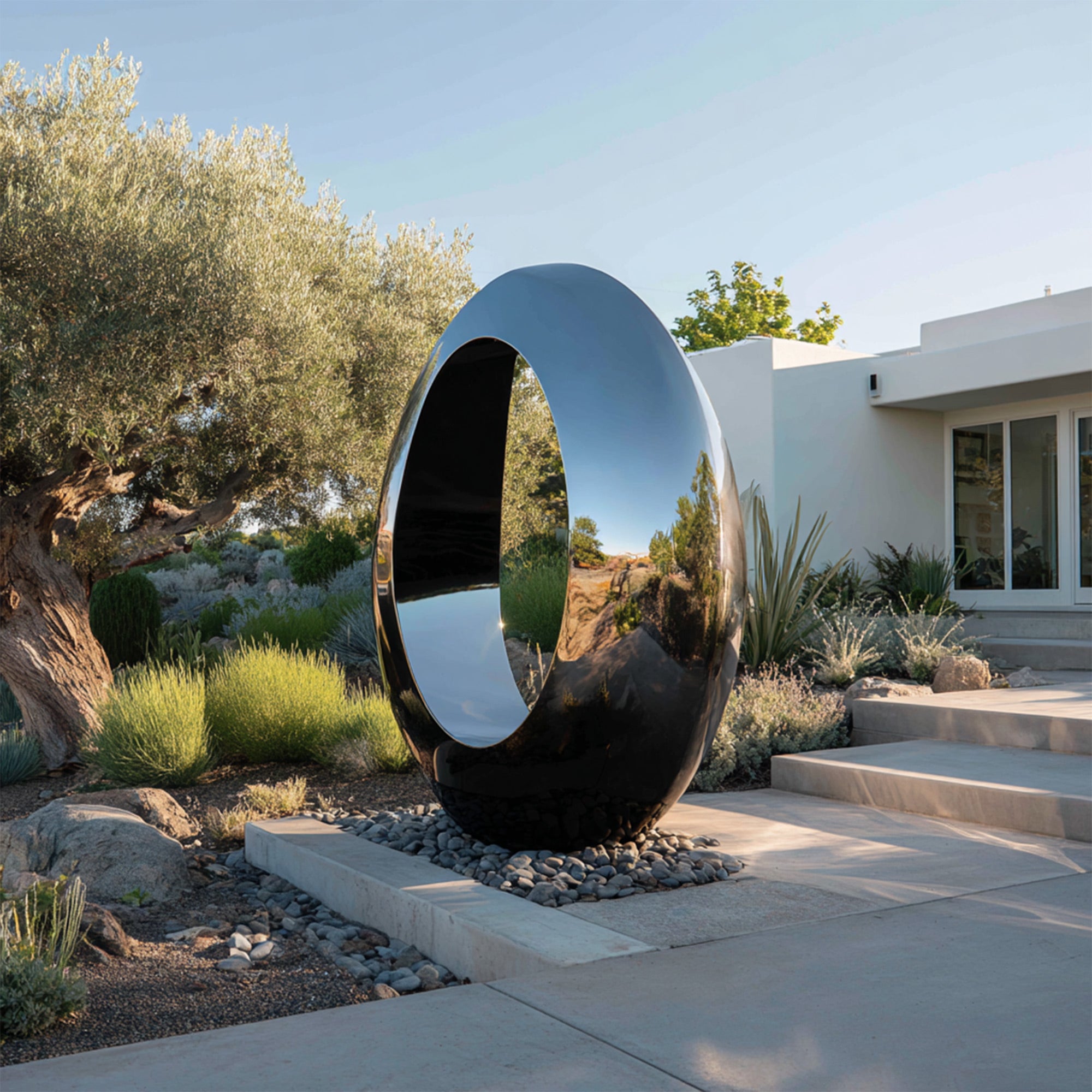Modern outdoor sculpture in a garden setting with a house in the background