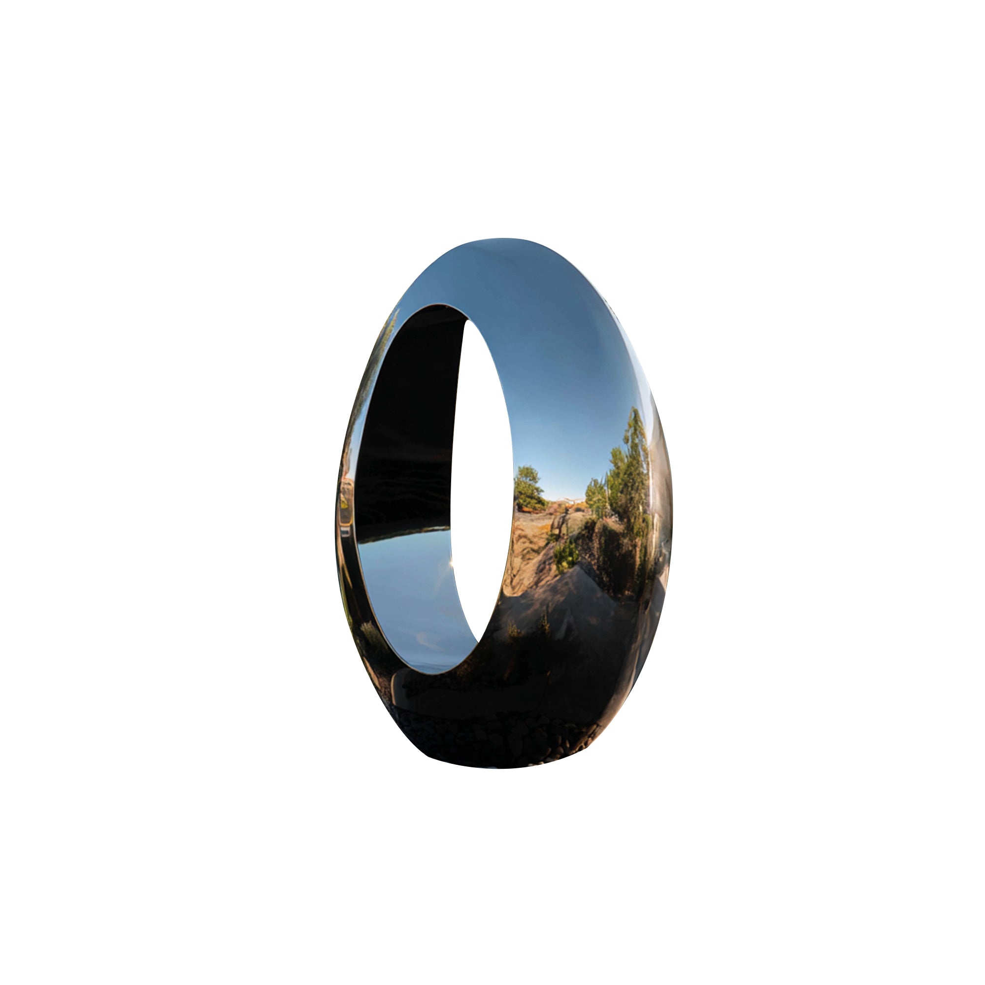 Black ring with reflective surface showing landscape