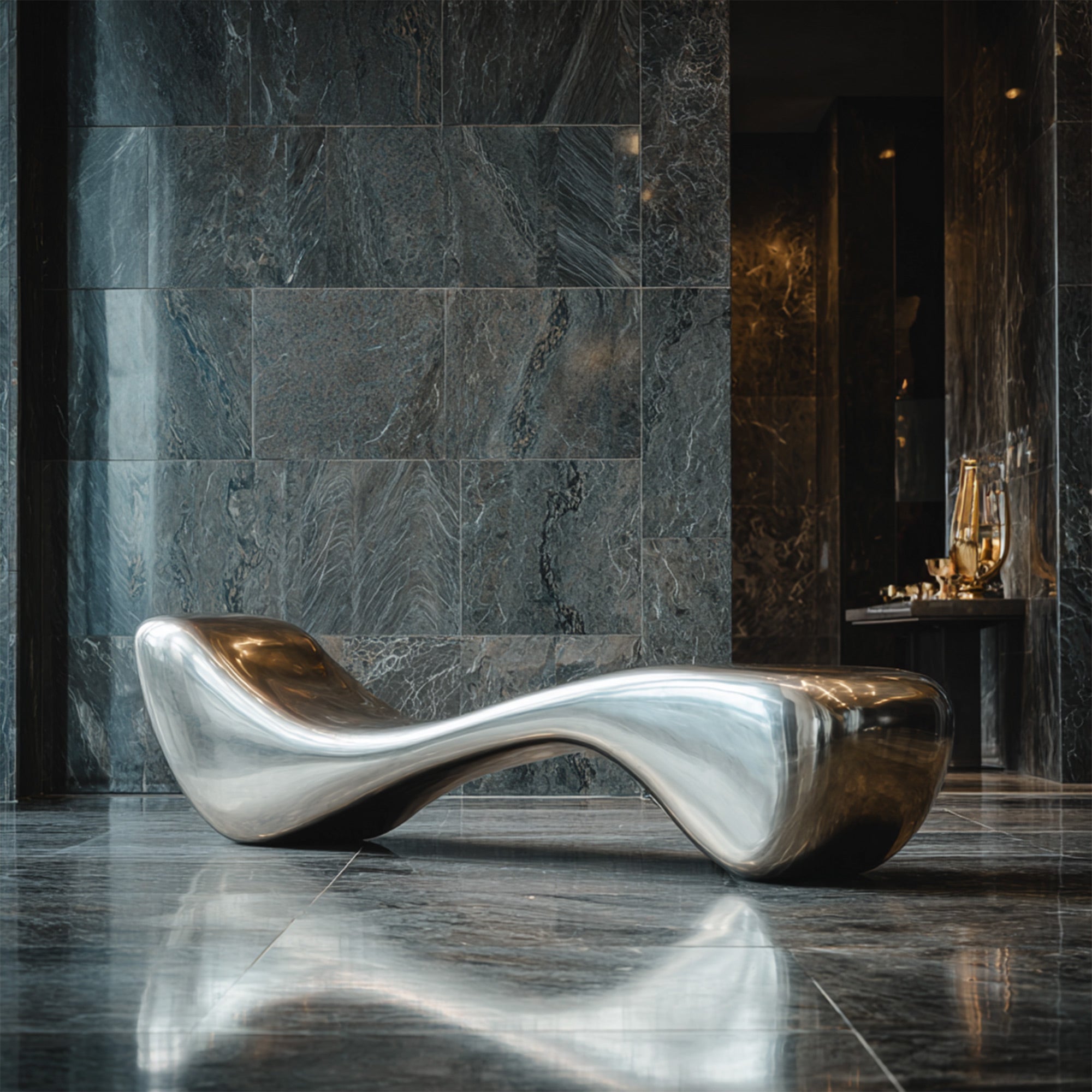 Modern stainless steel bench in a marble room