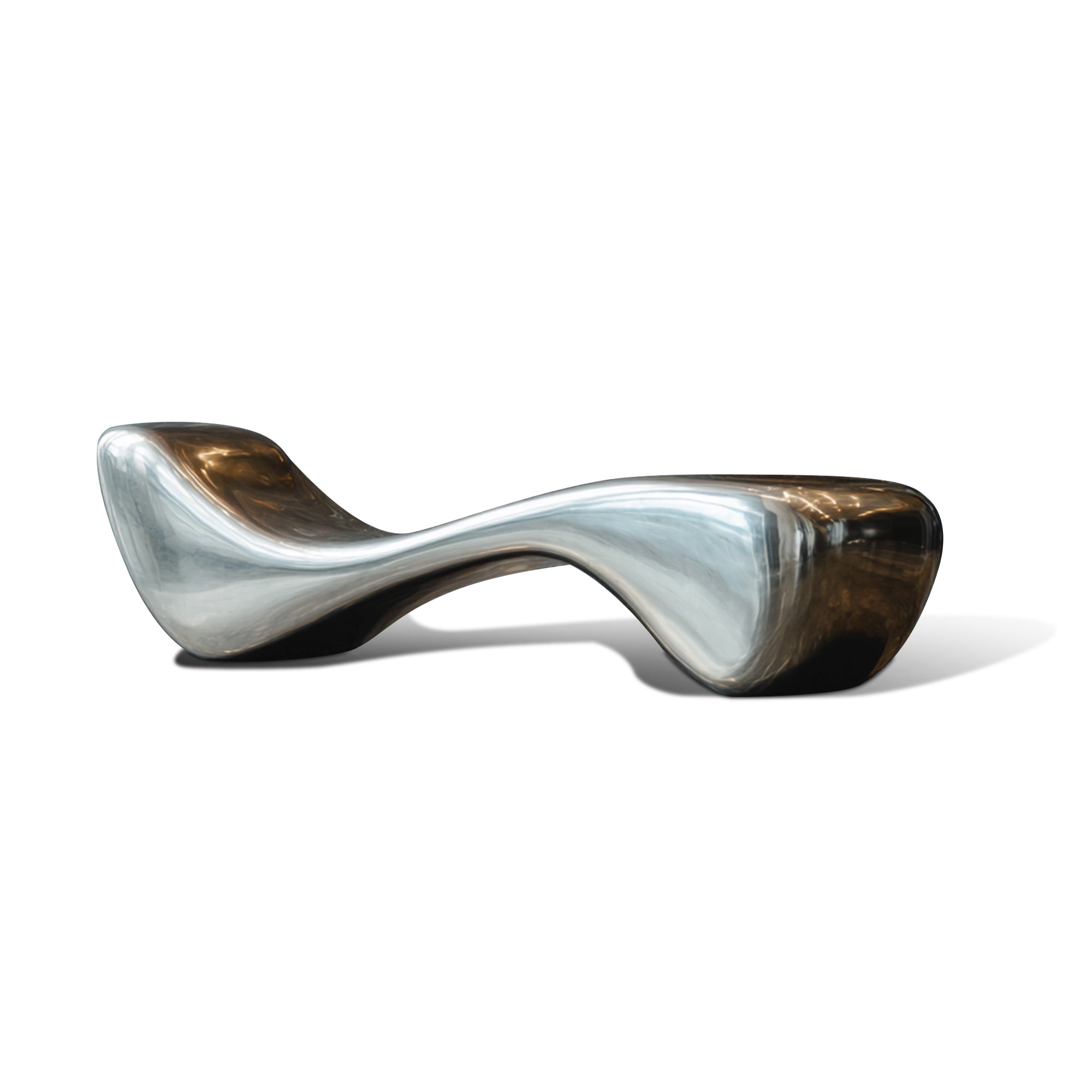 Modern, curved metal bench sculpture on a white background