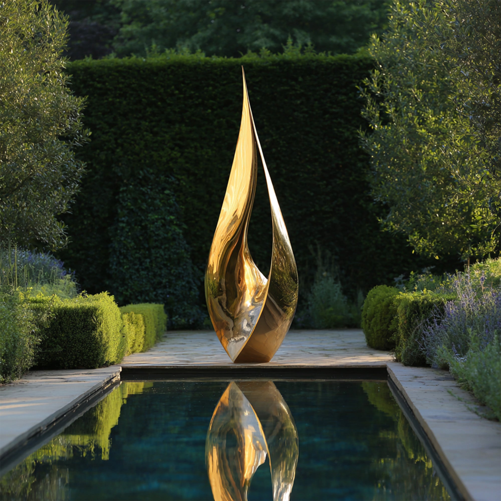 Gold abstract sculpture reflected in water with greenery in the background