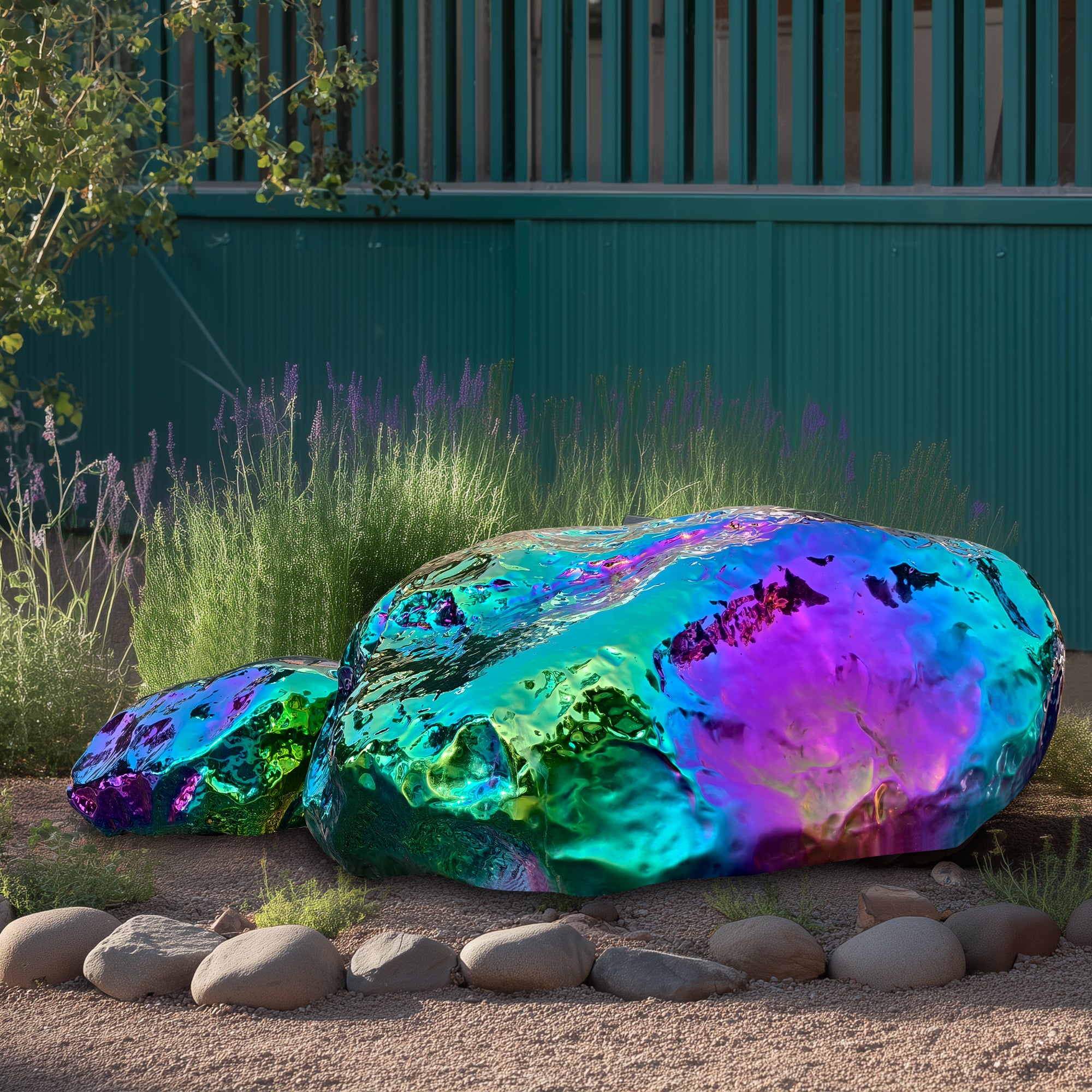 Multicolored rock stainless steel sculpture in a garden setting with a green fence in the background