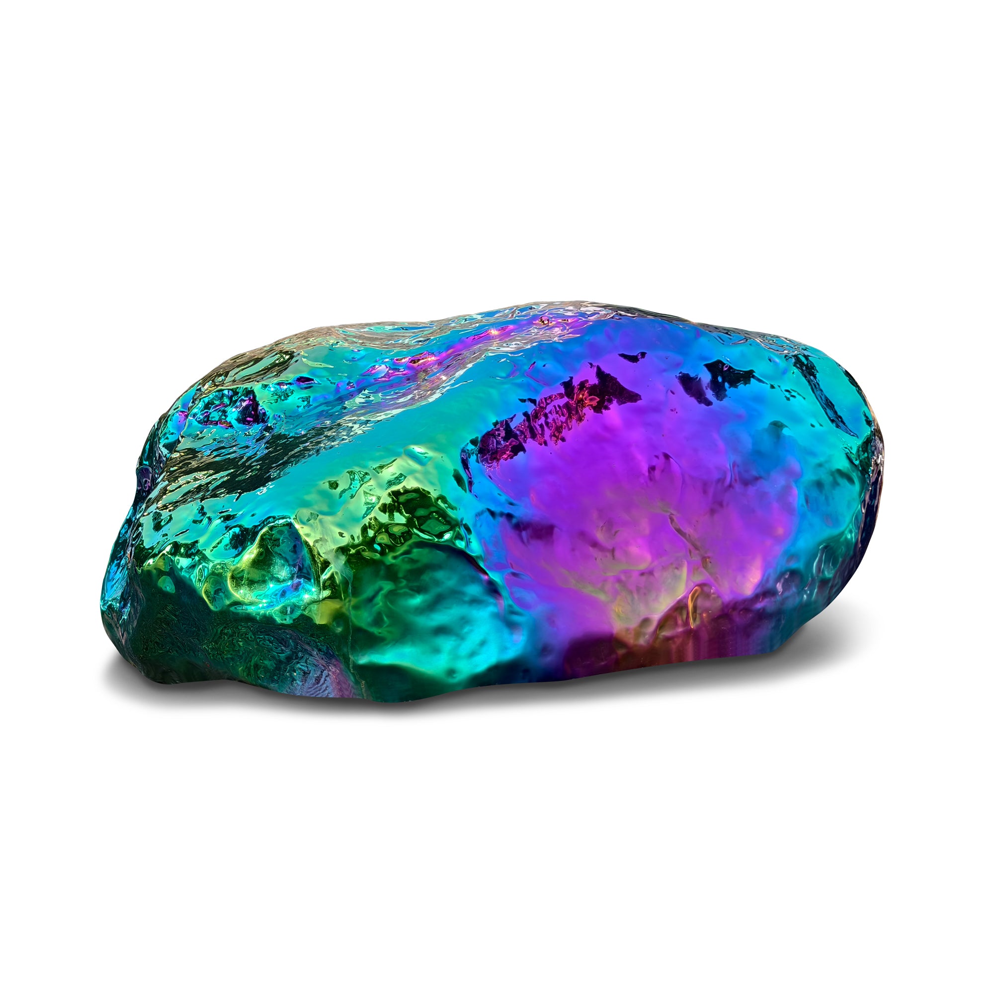 Multicolored opal stainless steel sculpture stone on a white background