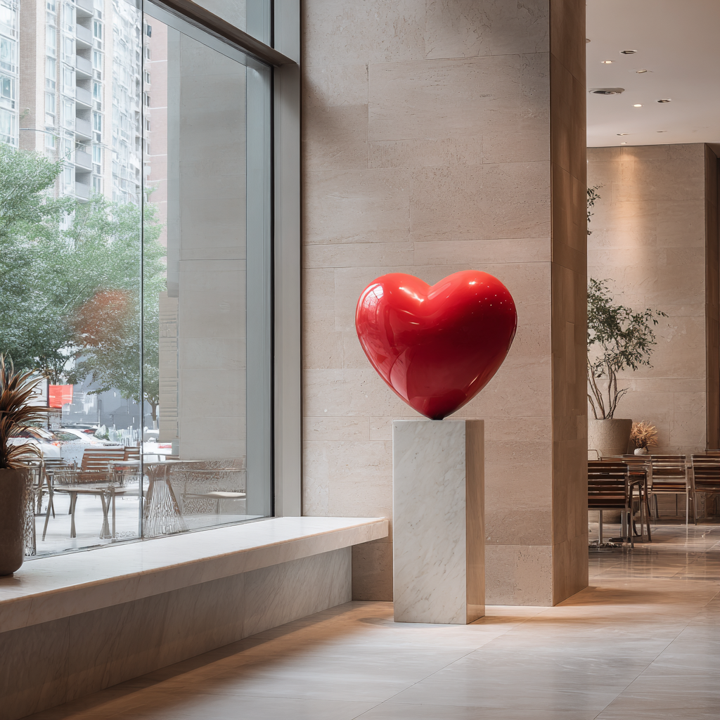 Red heart stainless steel sculpture on a pedestal in a modern indoor setting with large windows.