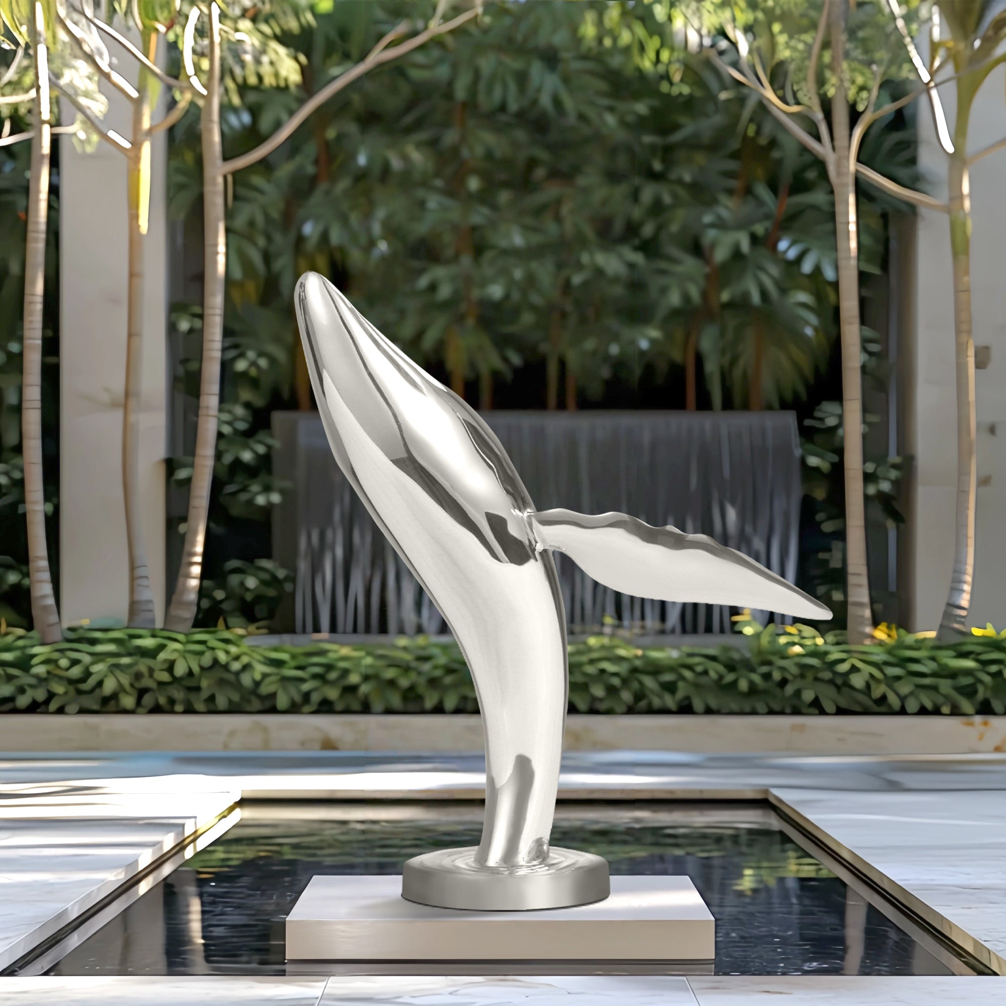 handcrafted stainless steel dolphin sculpture with mirror-polished finish