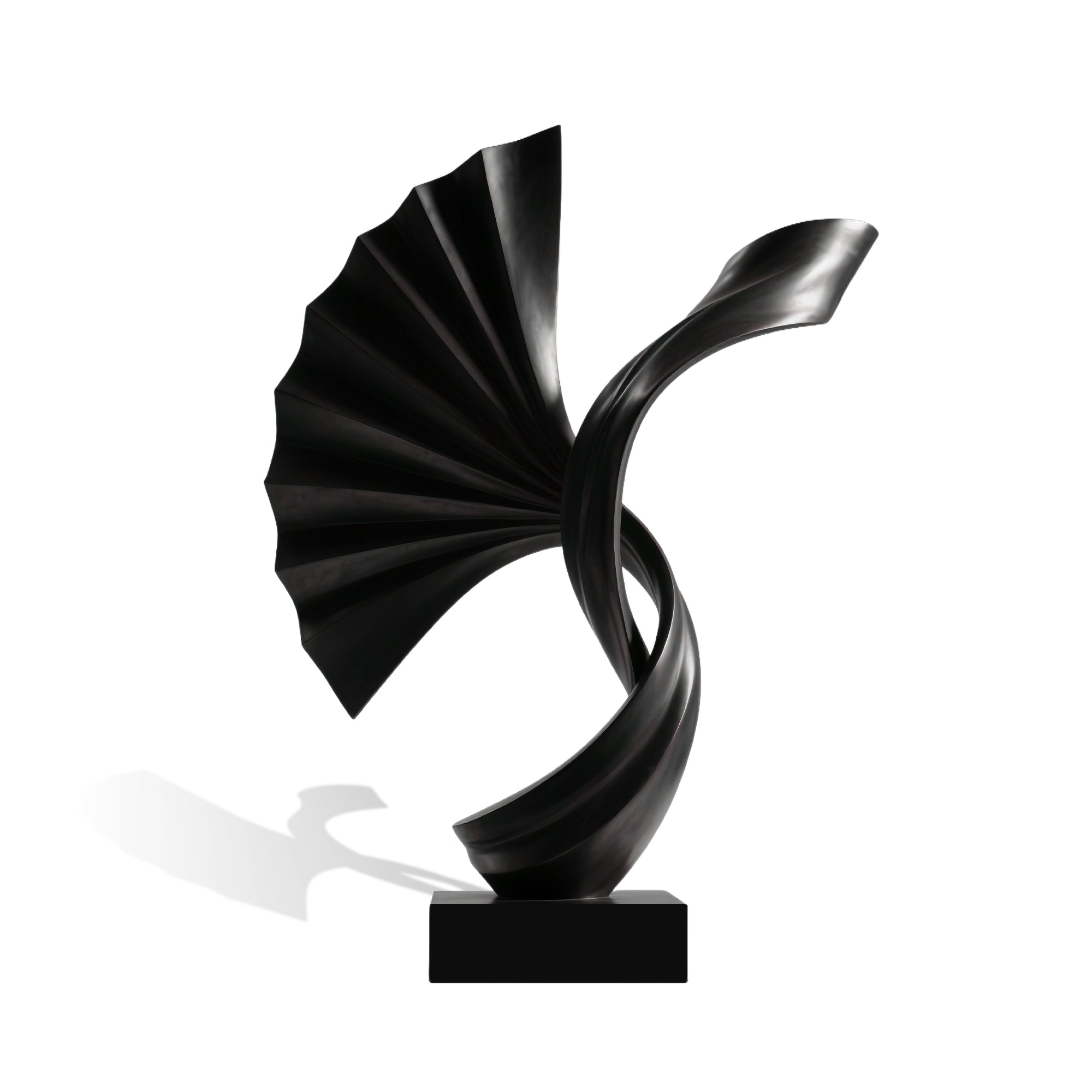 Momentum black stainless steel abstract sculpture with spiral fan form