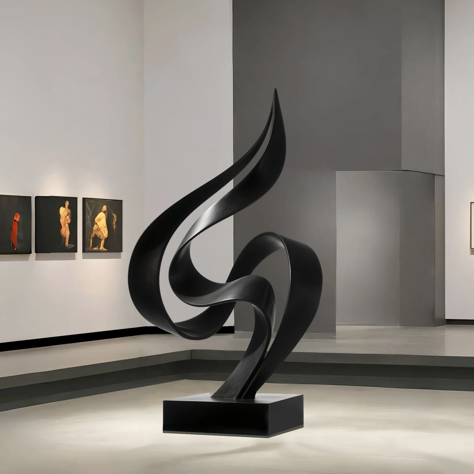 Flame in Motion black stainless steel abstract sculpture with sweeping curves display in arg gallery