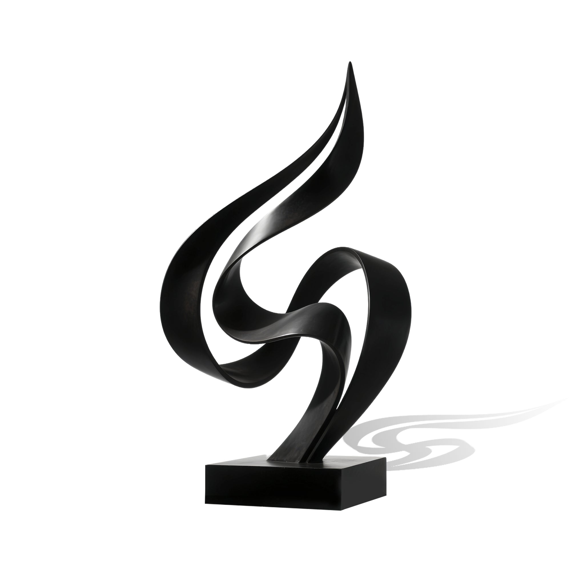 Flame in Motion black stainless steel abstract sculpture with sweeping curves