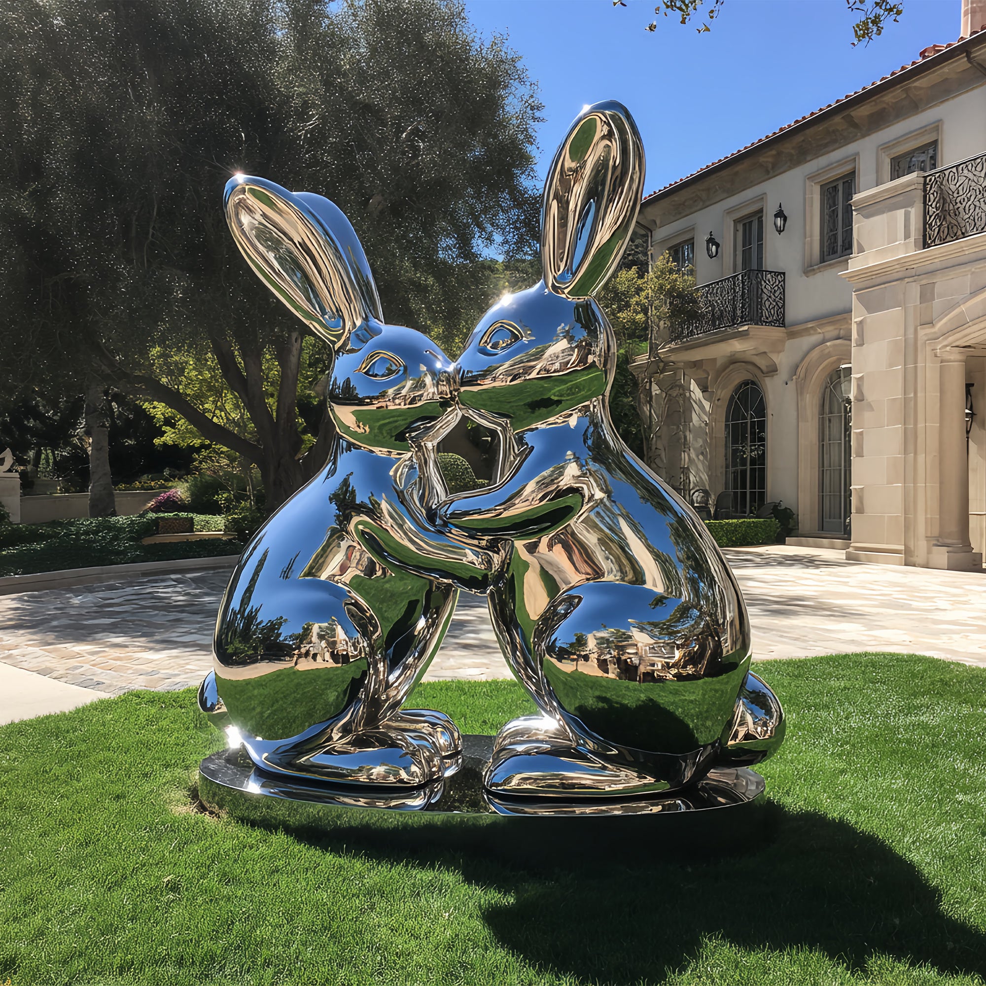 Loving Hares modern stainless steel sculpture with polished mirror finish placed in luxury gardens