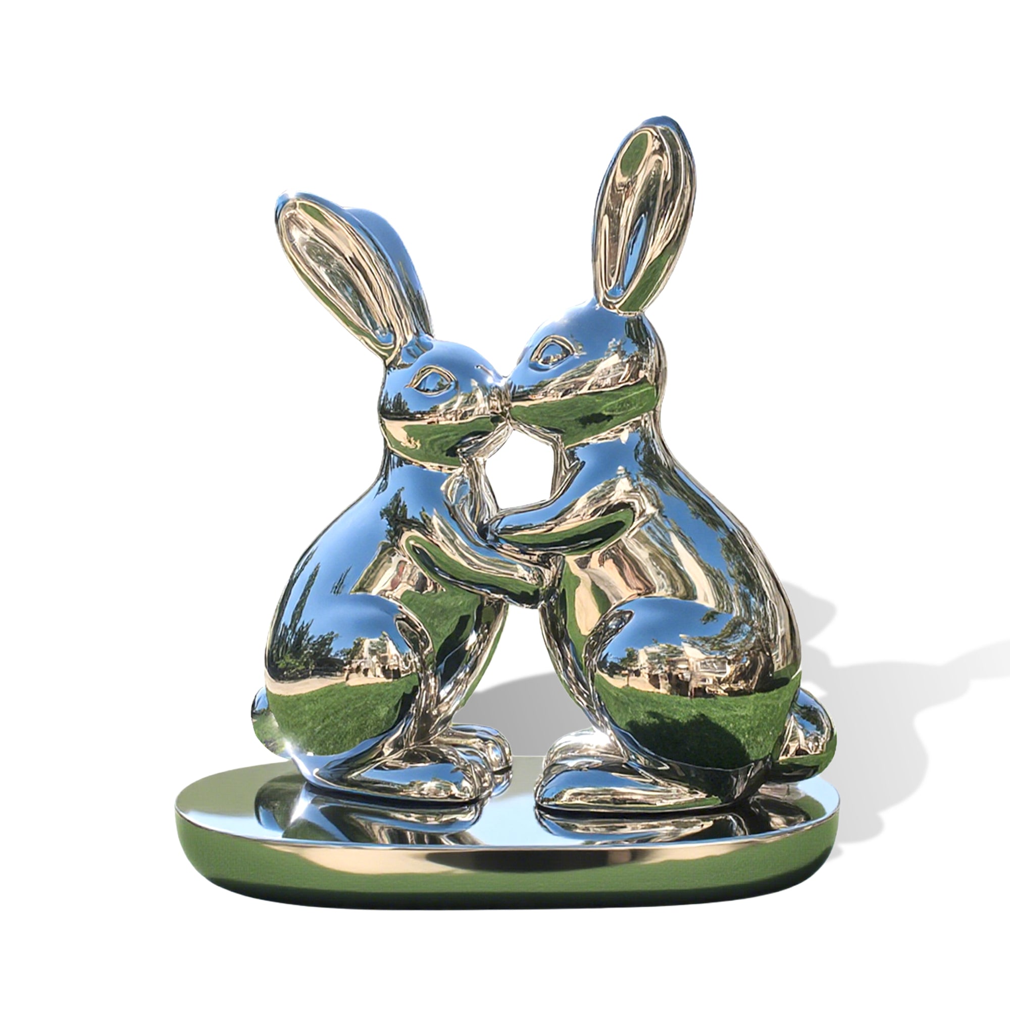 Loving Hares modern stainless steel sculpture with polished mirror finish