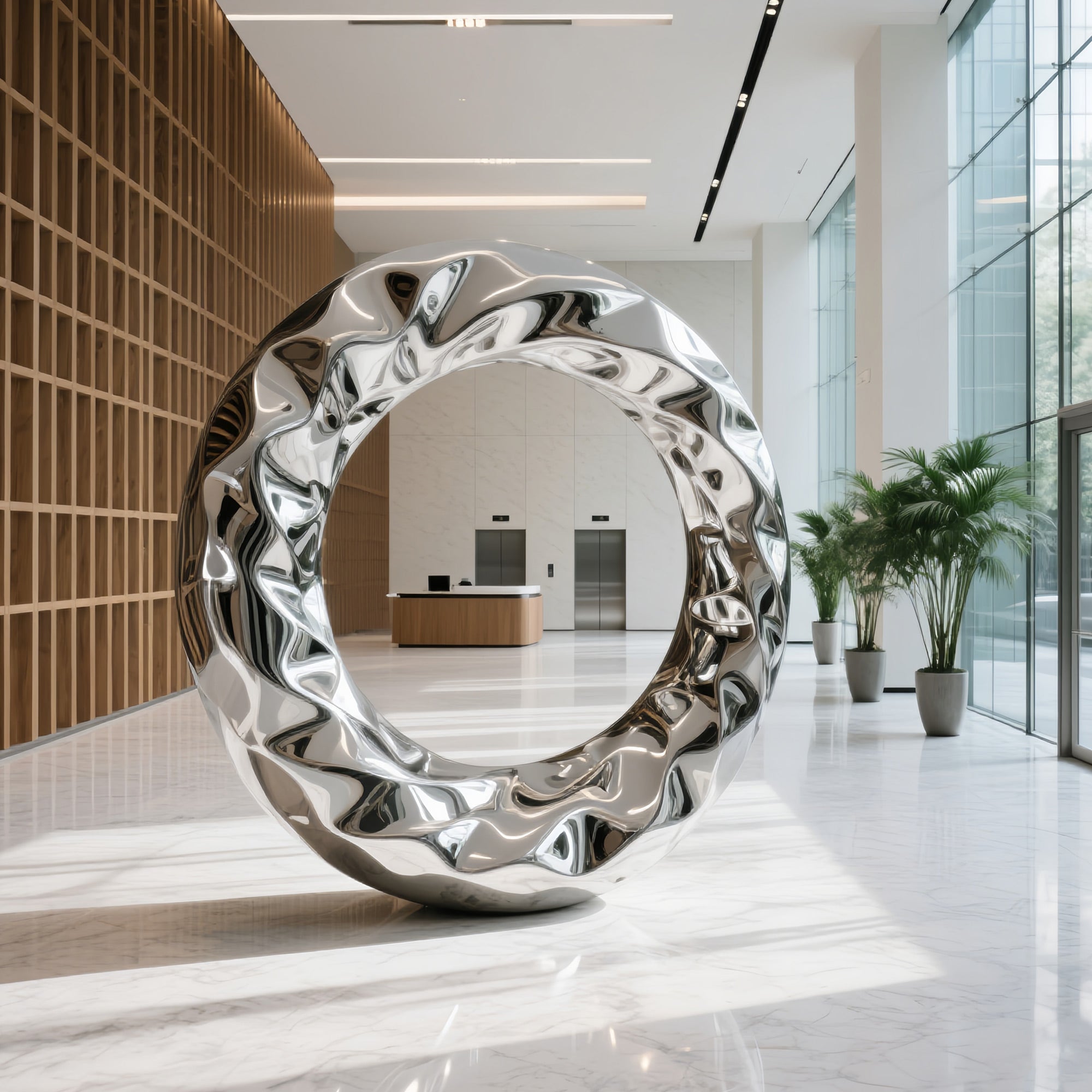 The Flowing Ring modern stainless steel sculpture with polished mirror finish display in lobby