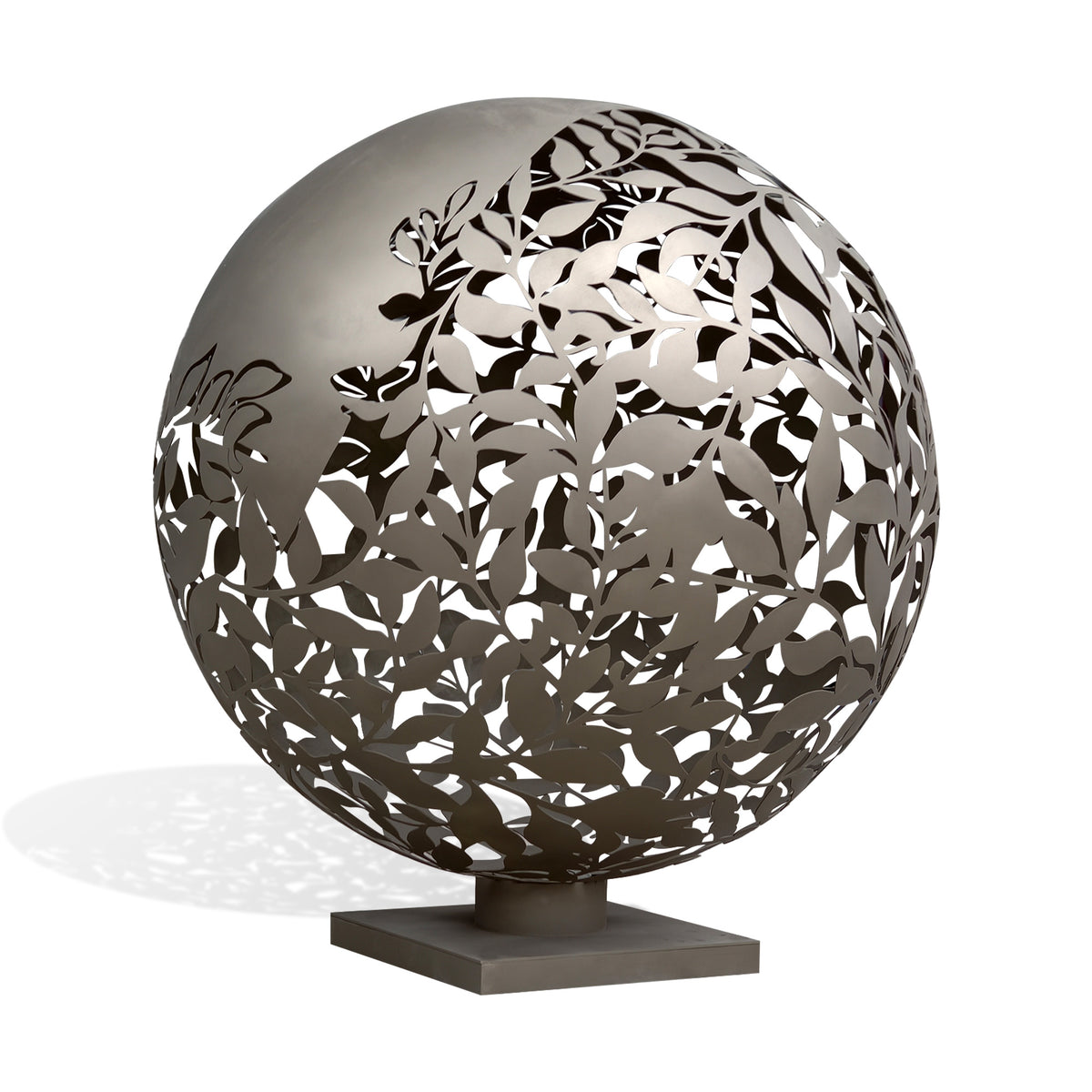 Hollow stainless steel ball sculpture featuring layered leaf cutouts and details, designed with integrated lighting for decorative outdoor display