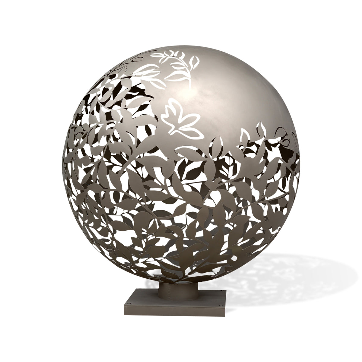 Painted stainless steel sphere light sculpture with intricate hollow leaf patterns on a square metal base