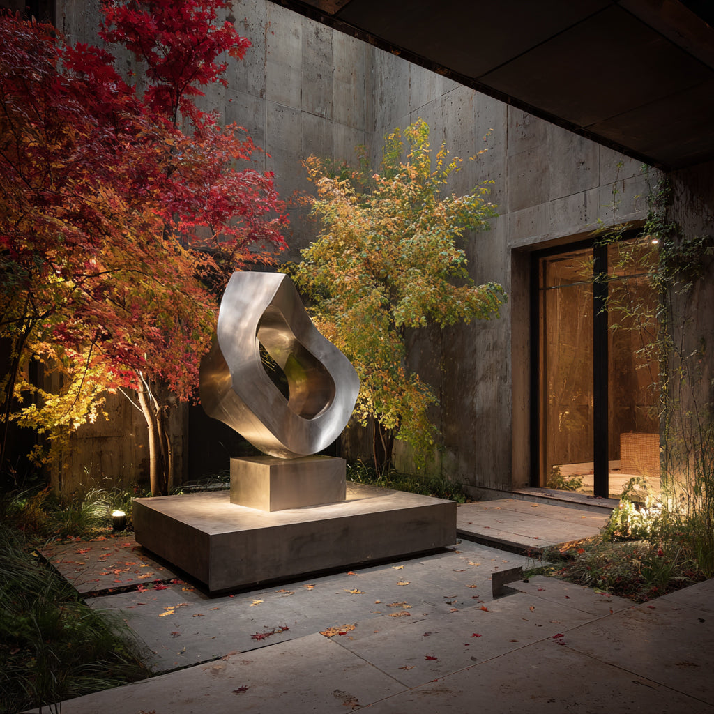 Modern sculpture in a garden setting with a building in the background