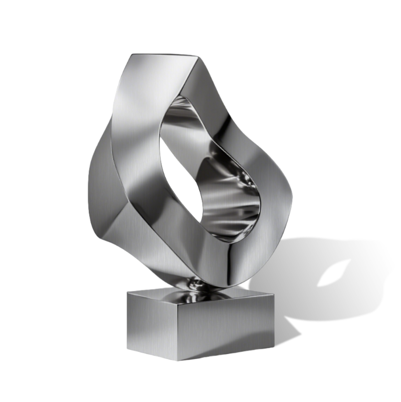 Silver abstract sculpture on a white background