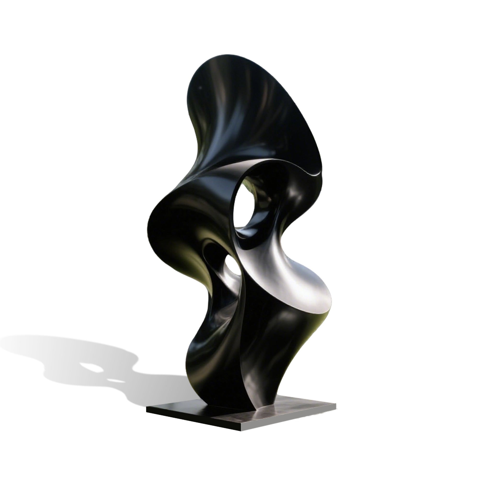 Abstract sculpture with black and silver swirl design on a white background