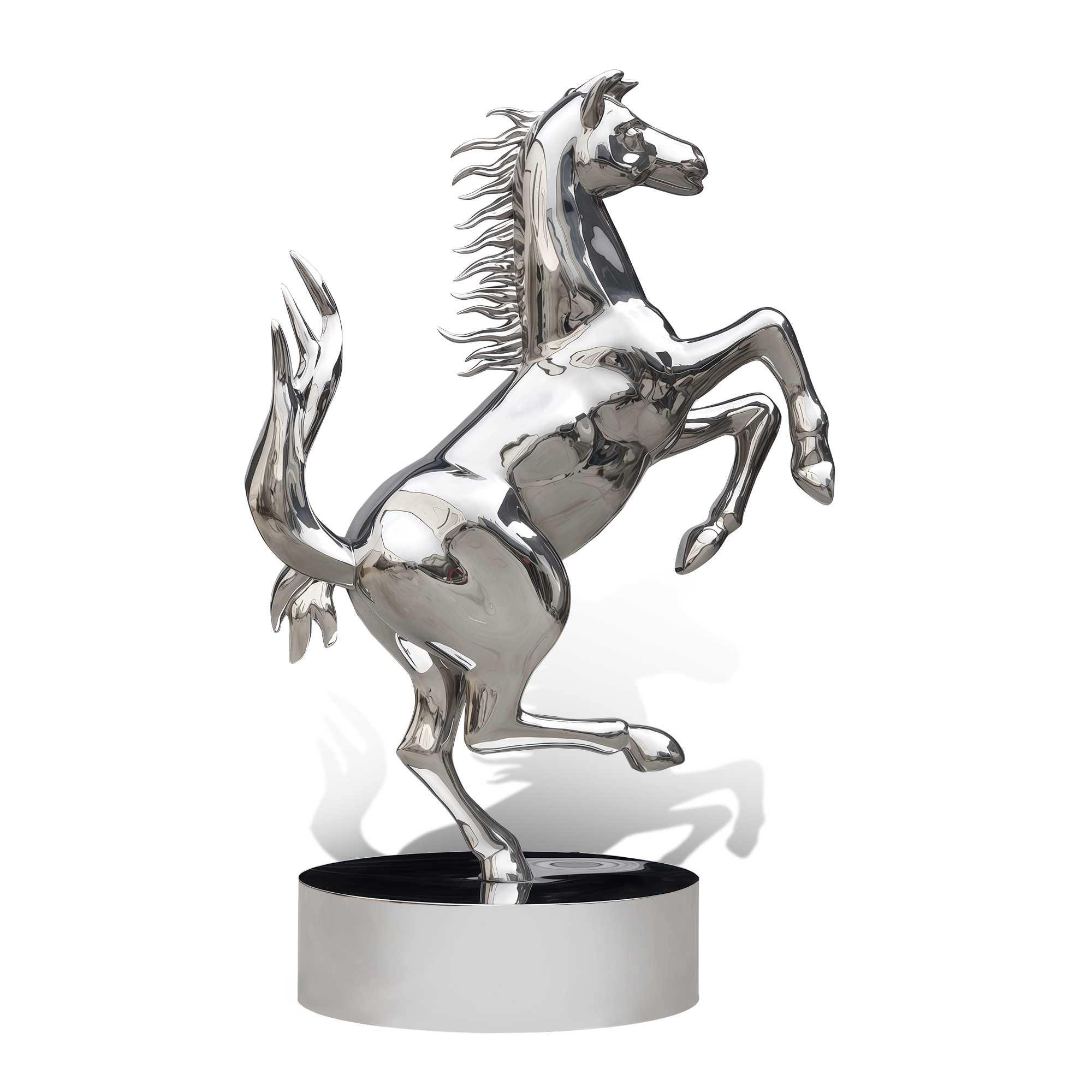 Chrome horse sculpture on a white background