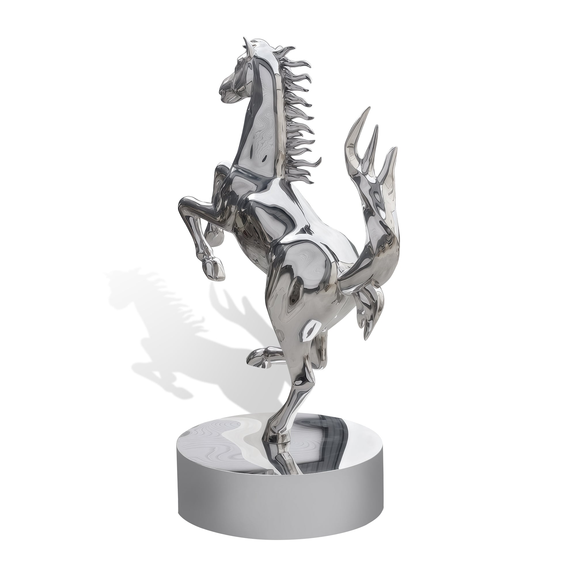 Metallic horse sculpture on a white background
