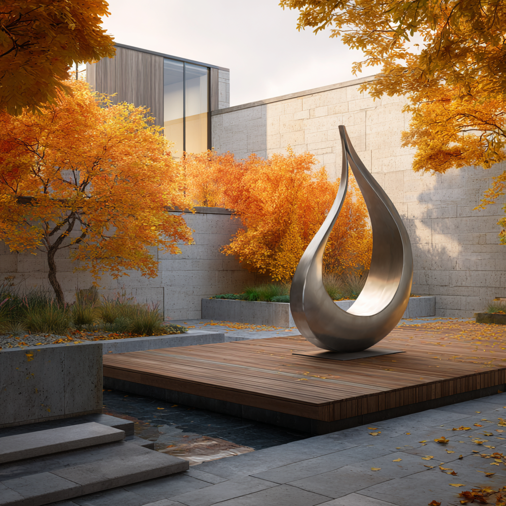 Modern sculpture in a garden with autumn trees and a building in the background