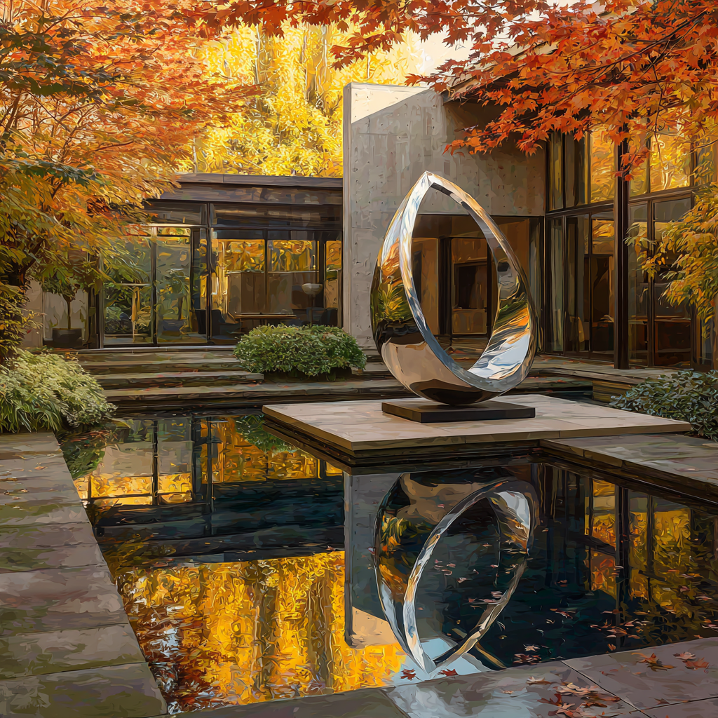 Modern sculpture in a reflective pool with autumn foliage and a building in the background